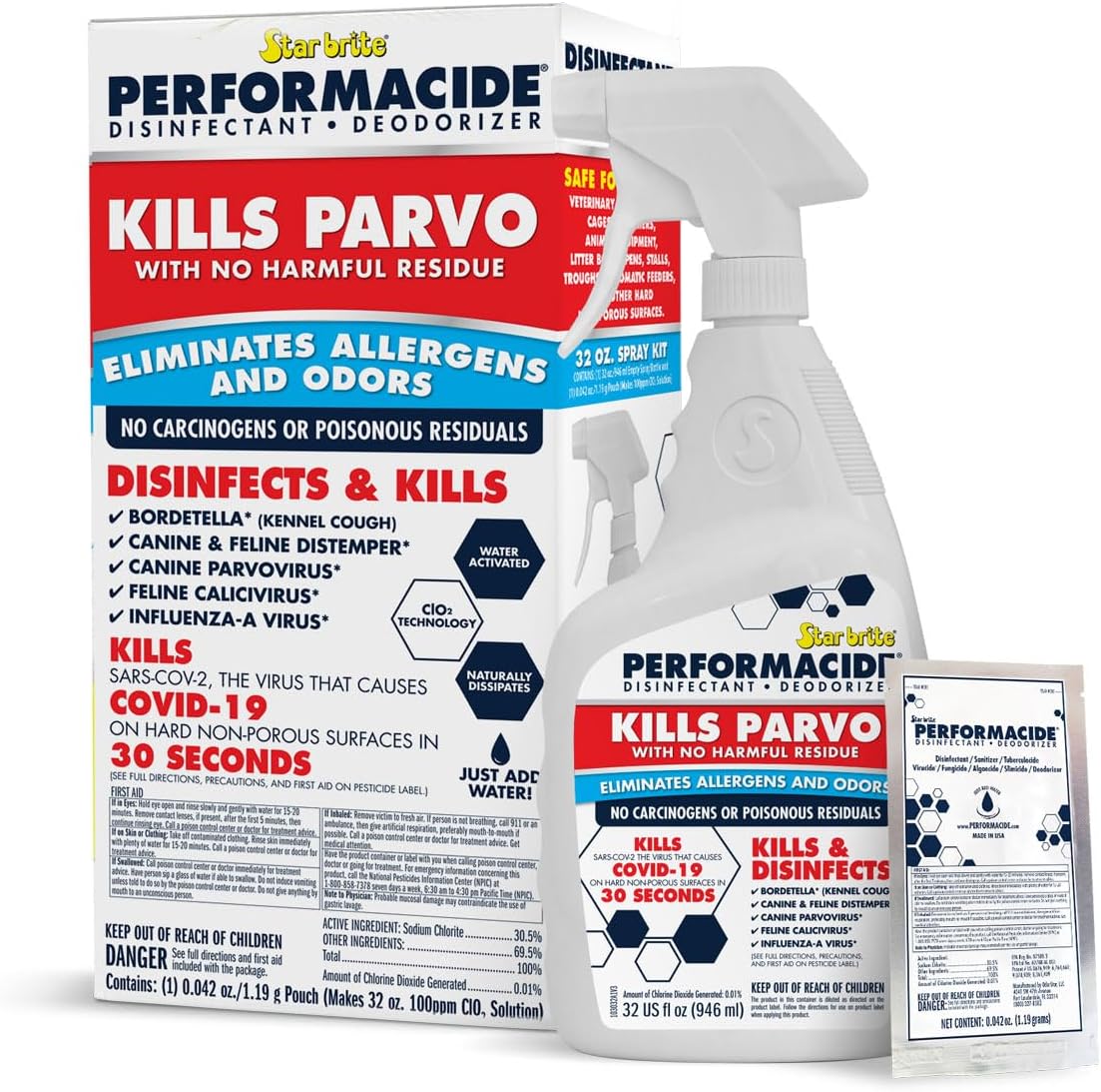 PERFORMACIDE No-Rinse Disinfectant/Deodorizer for Pet Surfaces | Kills Parvovirus, Ringworm, Feline Calicivirus, Avian Influenza (Bird Flu) Eco Friendly, Naturally Dissipates, Refillable, 32 OZ Kit