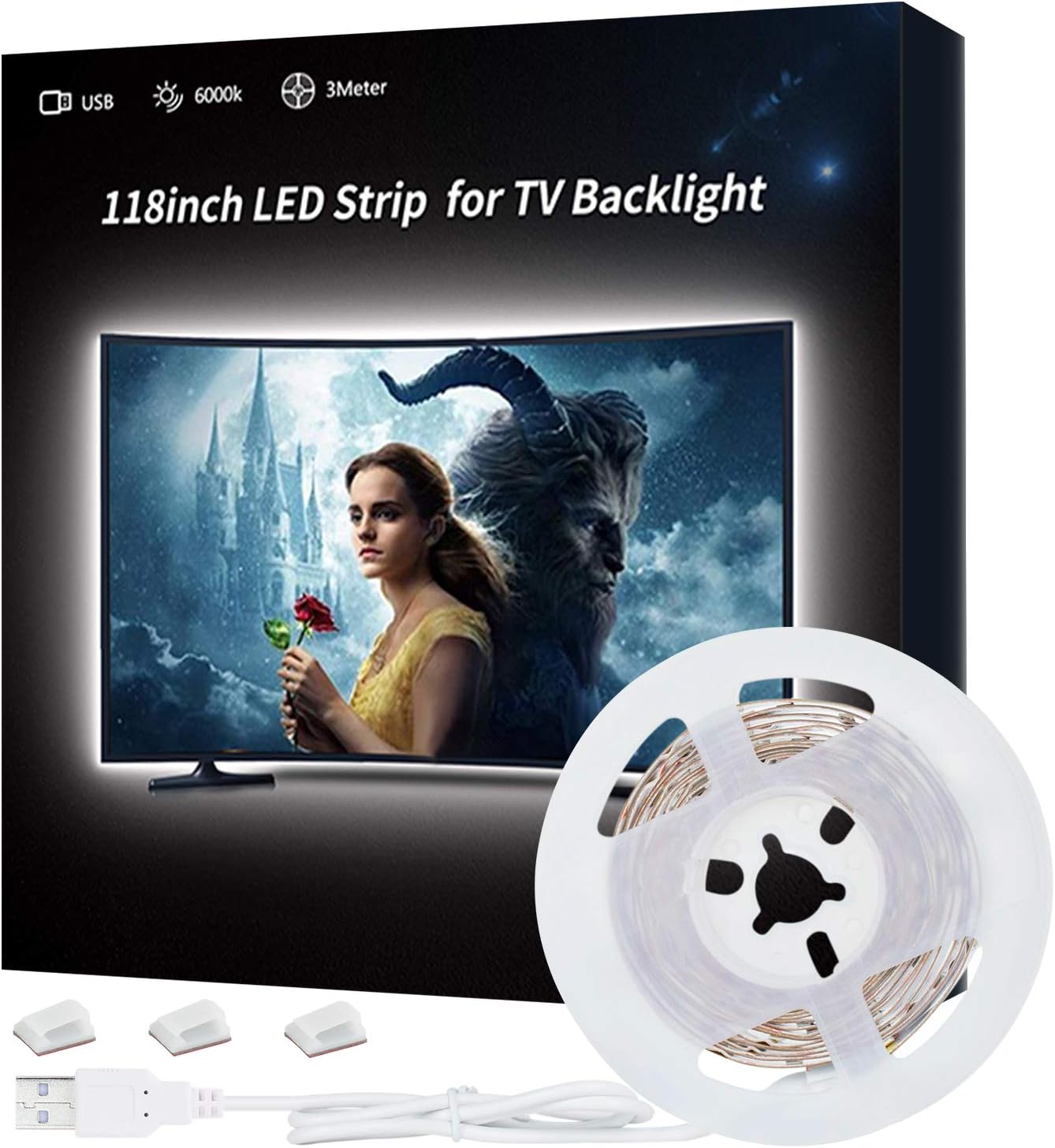 LED Strip Lights, USB TV Lights 9.84ft LED Lights for 46 to 65in HDTV, Pure White 6000K Bias Lighting, Reduce Eye Strain, Improve Contrast. LED Light Strip for TV LED Backlight for Home Theater