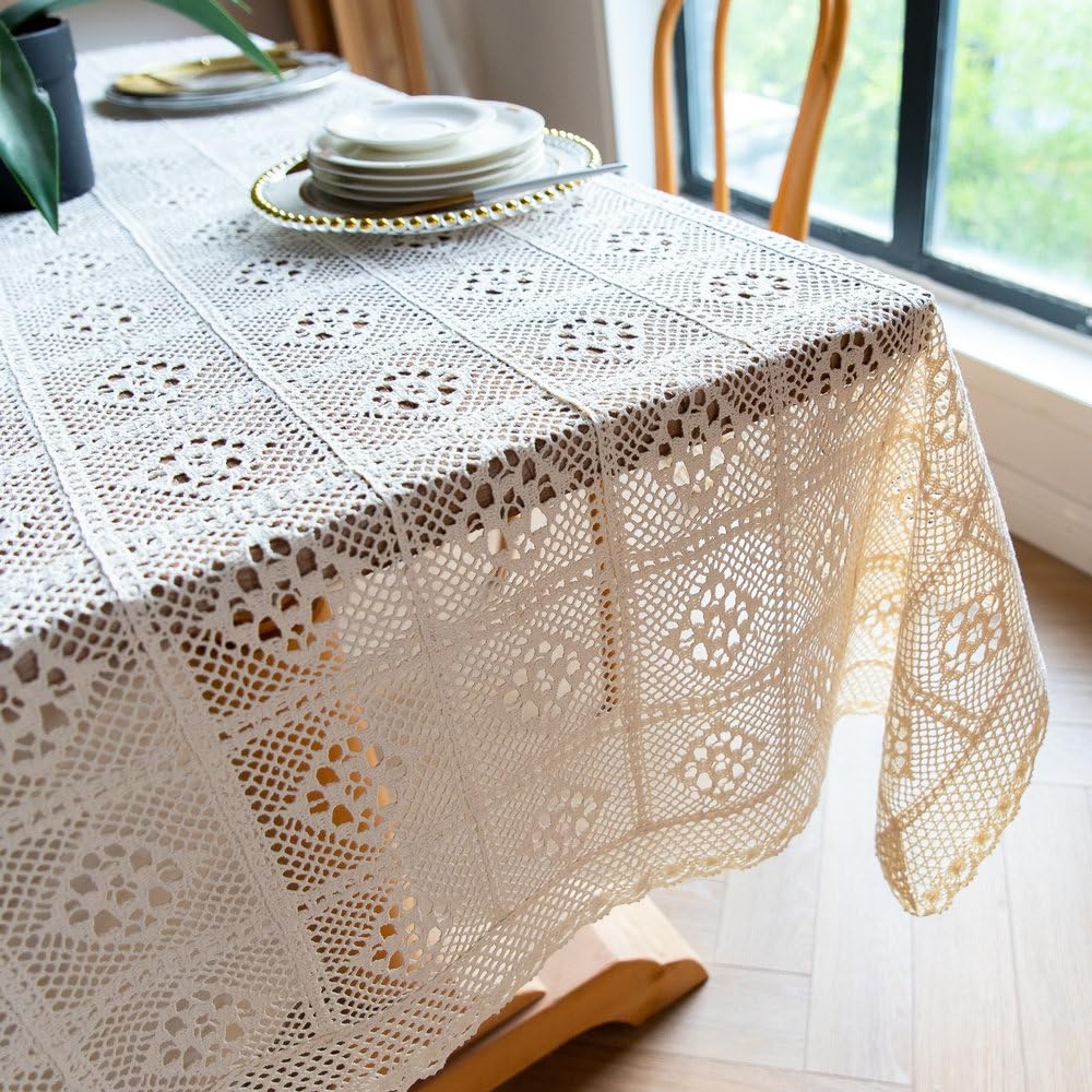 Retro-Häkeltischdecke, extra lang, beige, rechteckig, Spitzentischdecke für Esszimmer und Restaurant, Off-White, 85 x 85 cm