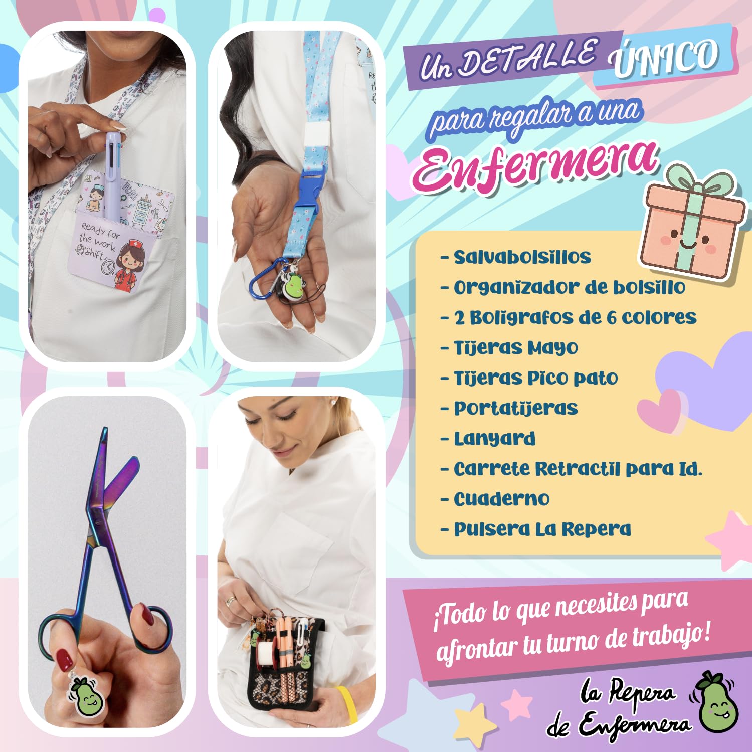 Pack de Enfermería 10 piezas | Regalos para Enfermeras | Salvabolsillos de enfermeria + 2 tijeras + Organizador de bolsillo enfermeria + Accesorios enfermeras (PURPLE NURSEES)