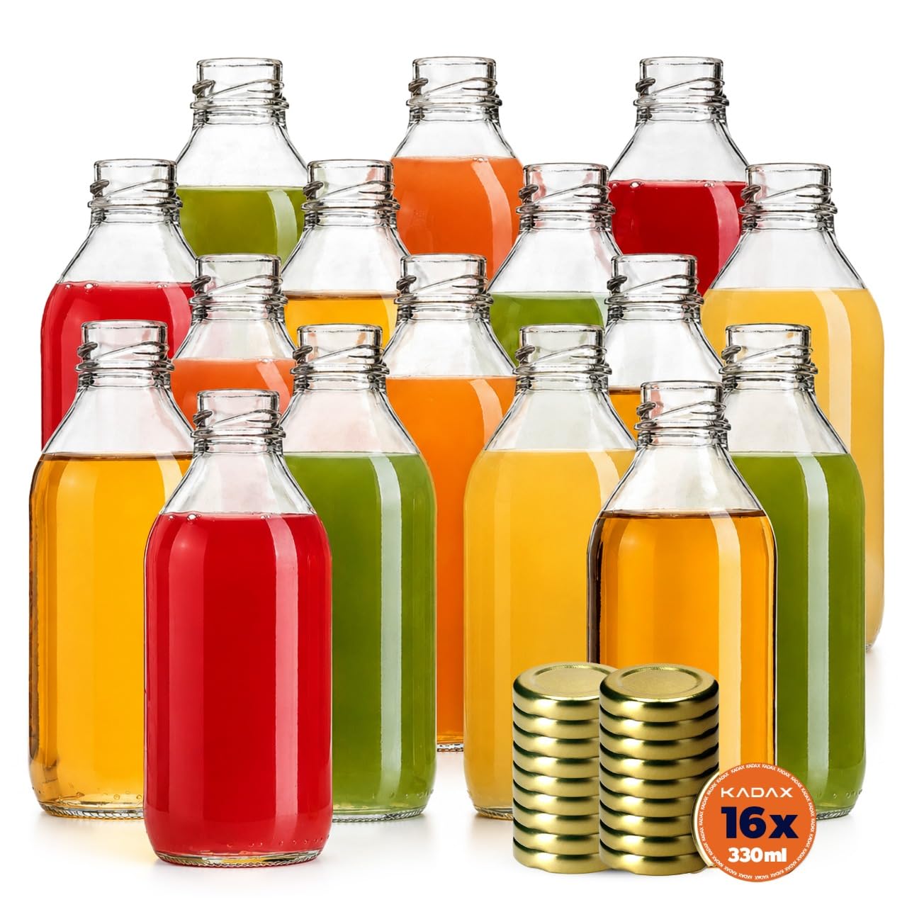 KADAX 16er Set Glasflaschen 330ml mit Schraubverschluss Gold – Leere Flaschen zum Befüllen für Saft, Likör, Öl, Essig & Sirup, Refillable Glass Bottles Küche, Haushalt & Wohnen