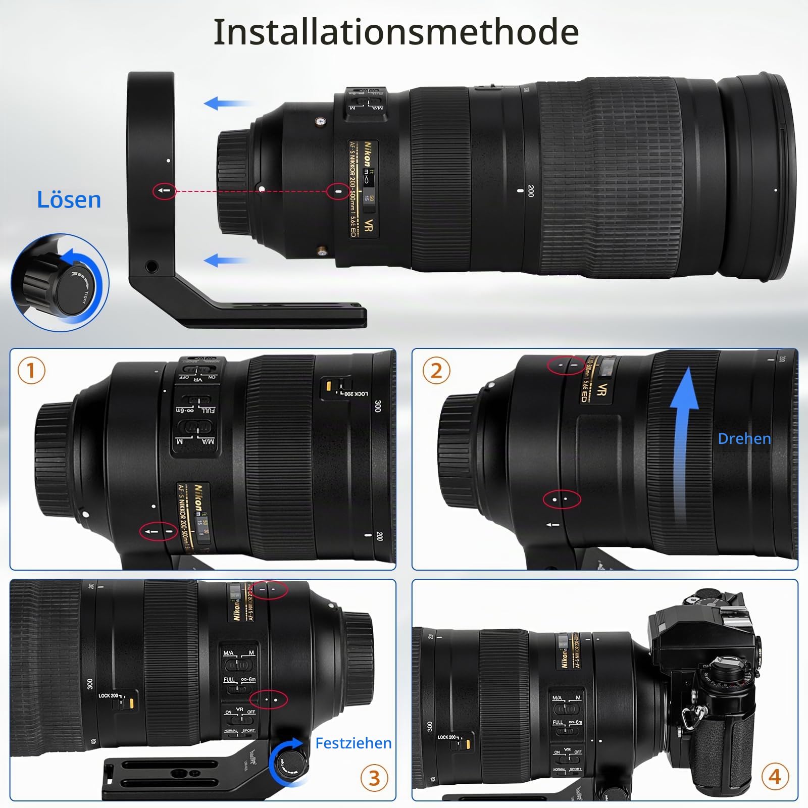 Haoge LMR-N25 Objektivmanschetten-Fuß-Stativ-Halterungsring für Nikon AF-S Nikkor 200–500 mm f/5.6E ED VR Objektiv, integrierte Arca-Swiss-Schnellwechselplatte
