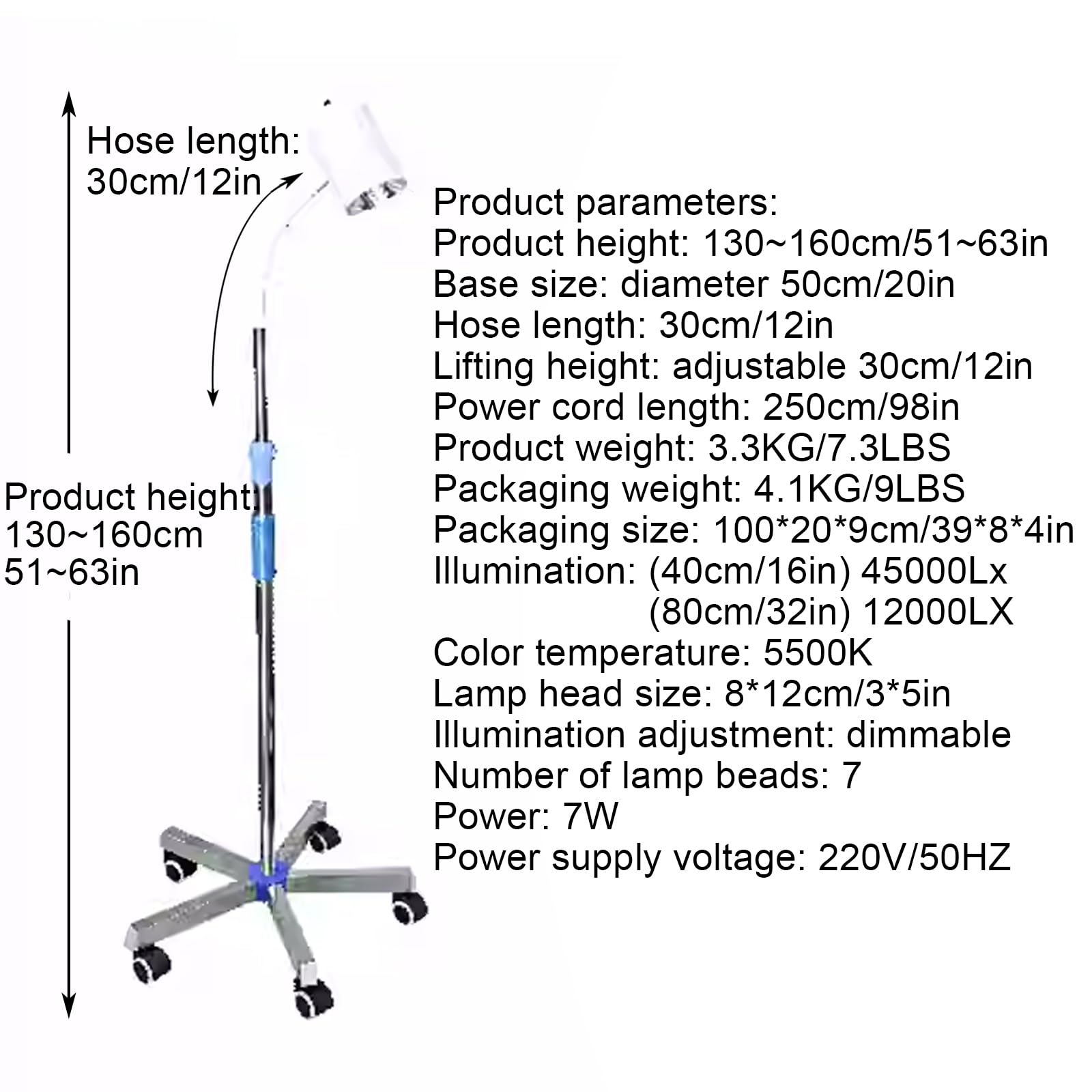 Lampa Stomatologiczna LED Oral Shadowless Exam, 7 Lamp Koralikowych, Zimne Światło, Lampa do Badania Z Gęsią Szyją, Lampa do Badania Medycznego, Mobilna Lampa dla Zwierząt