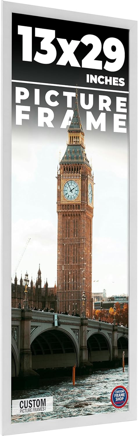 13x29 Frame White Real Wood Picture Frame Width 0.75 Inches | Interior Frame Depth 0.5 Inches | Bianca Mid Century Photo Frame Complete with UV Acrylic, Foam Board Backing & Hanging Hardware