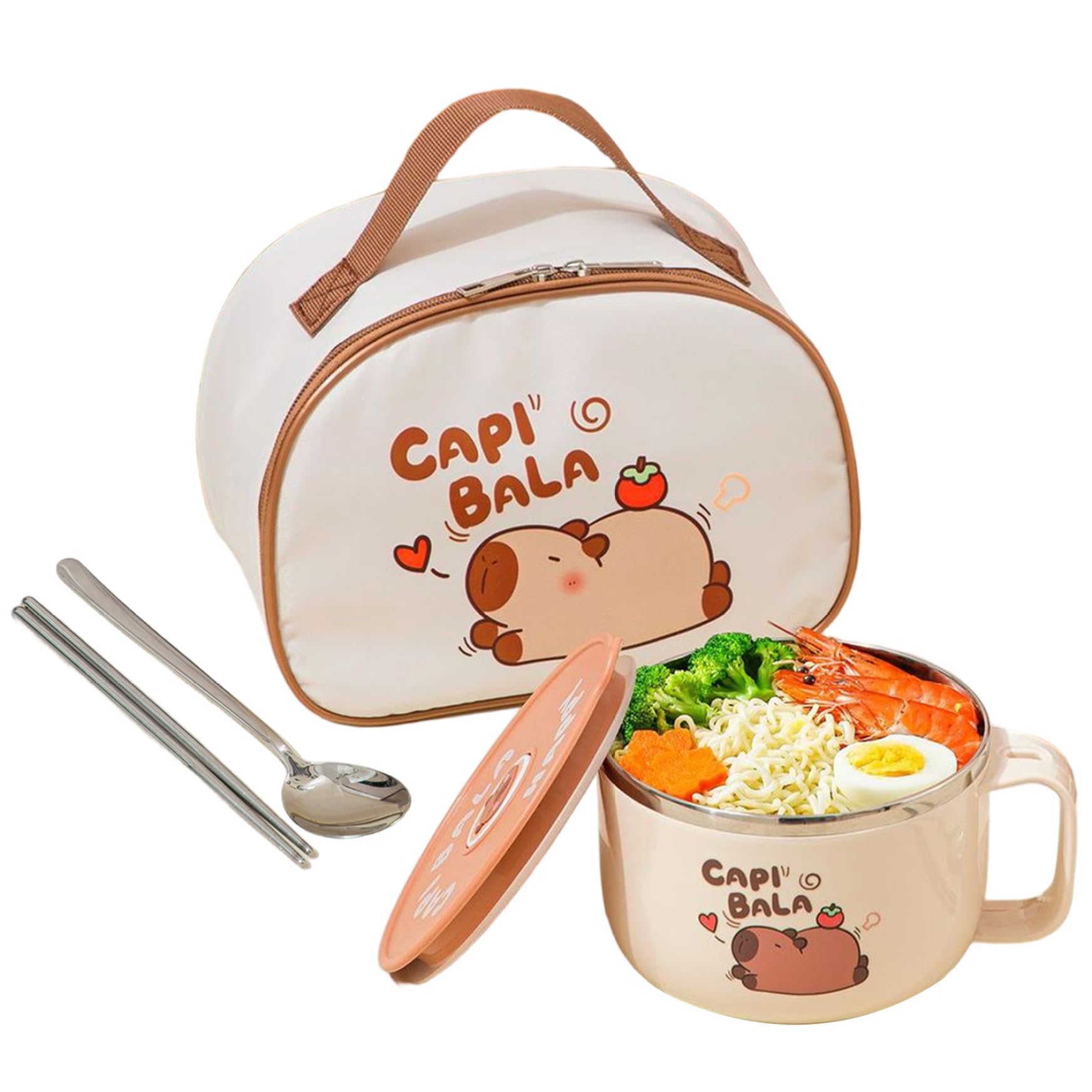 Ramen-Schüssel, mikrowellengeeignet, 800 ml, Capybara-Edelstahl-Suppenschüssel mit Deckel, Tasche und Geschirr, tragbarer Ramen-Kocher für Nudeln, Knödel, Salate, Instant-Nudeln