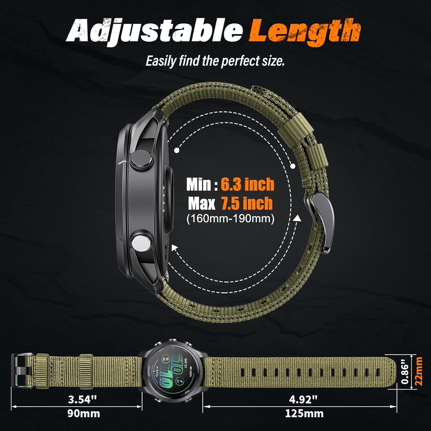 Rugged Nylon Watch Bands Compatible with Garmin Venu 3/Venu 2/Forerunner 265/255/Vivoactive 4, 22mm Quick Release Watch Band for Galaxy Watch 3 45 mm 46mm for Men - Image 4