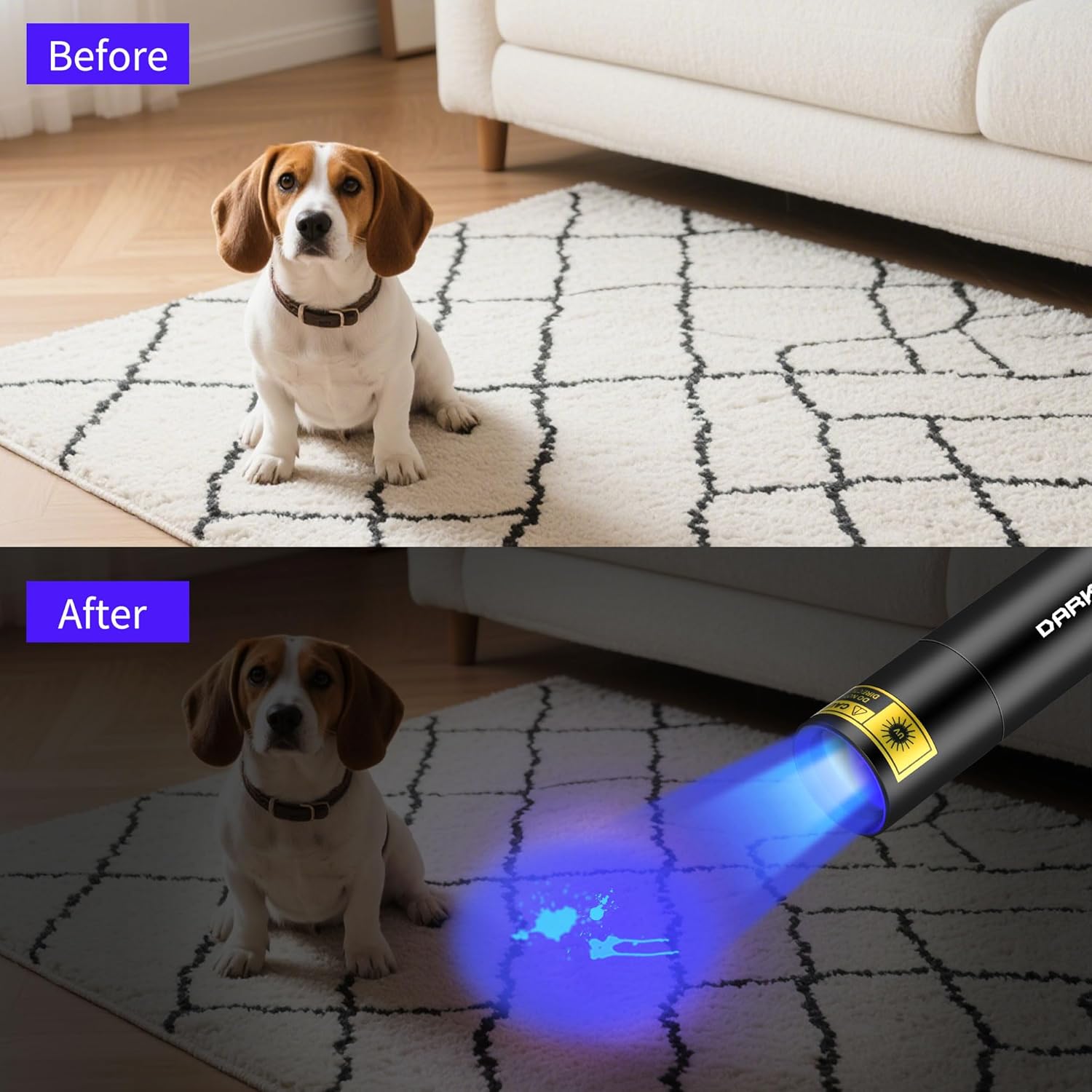 Before and after comparison of a carpet with pet stains under UV light