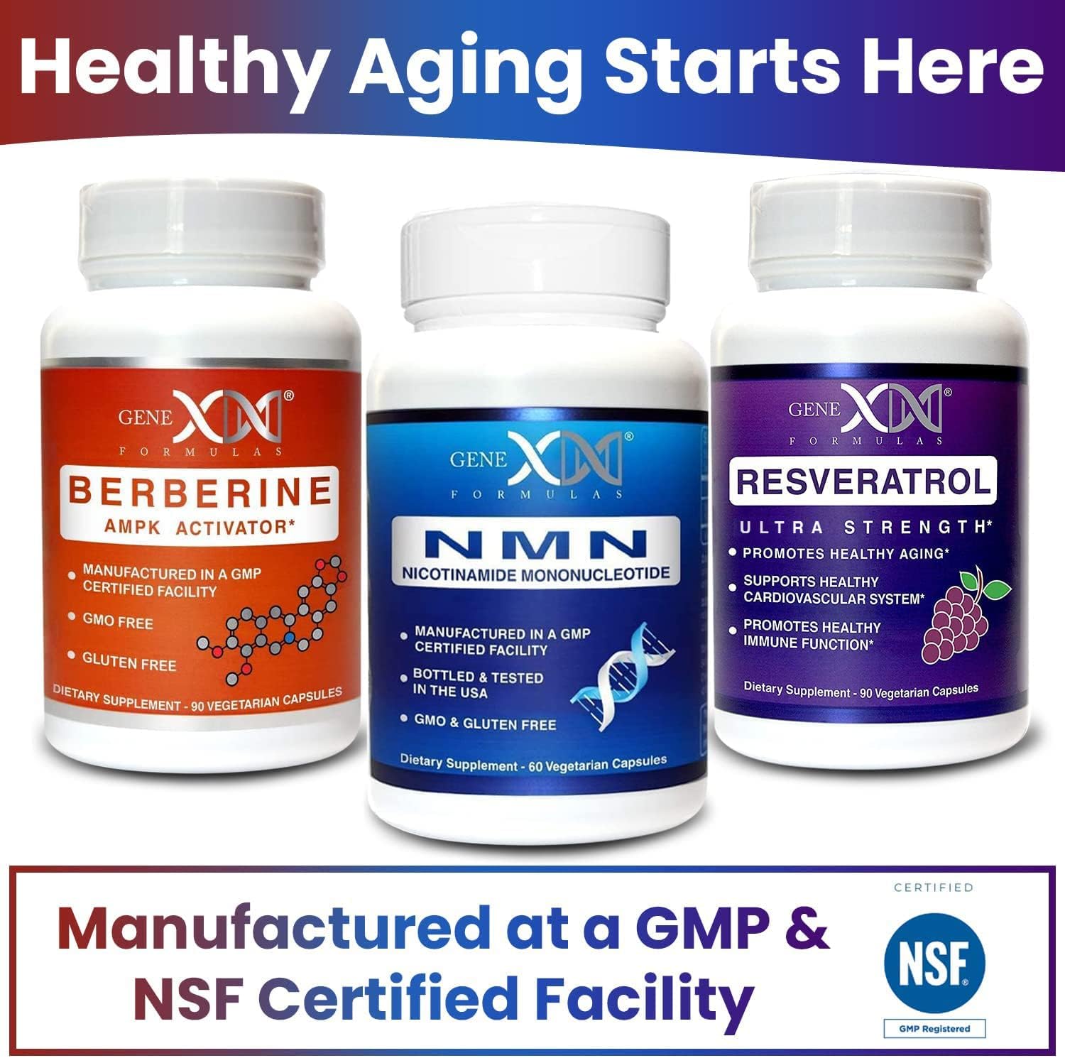 GENEX NMN, Resveratrol, and Berberine Power Pack Supplements | 250mg Nicotinamide Mononucleotide (NMN), Ultra Strength 500mg Resveratrol, & AMPK Activator Berberine 500mg for Healthy Aging (3 Bottles)