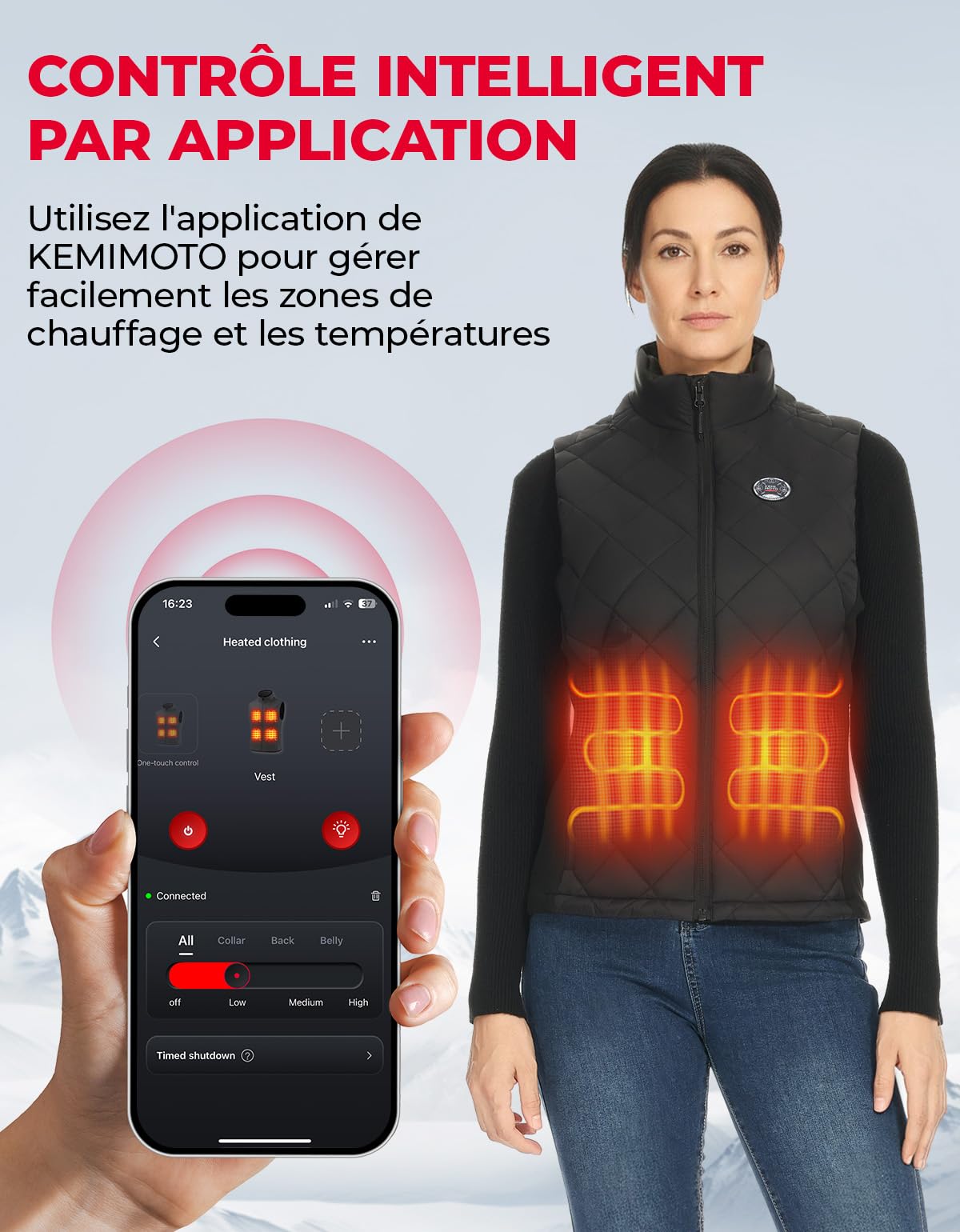 KEMIMOTO Gilet Chauffant Femme 10000 mAh 3 Températures 4 Zones de Chauffage Contrôle par Application Moto Randonnée Camping