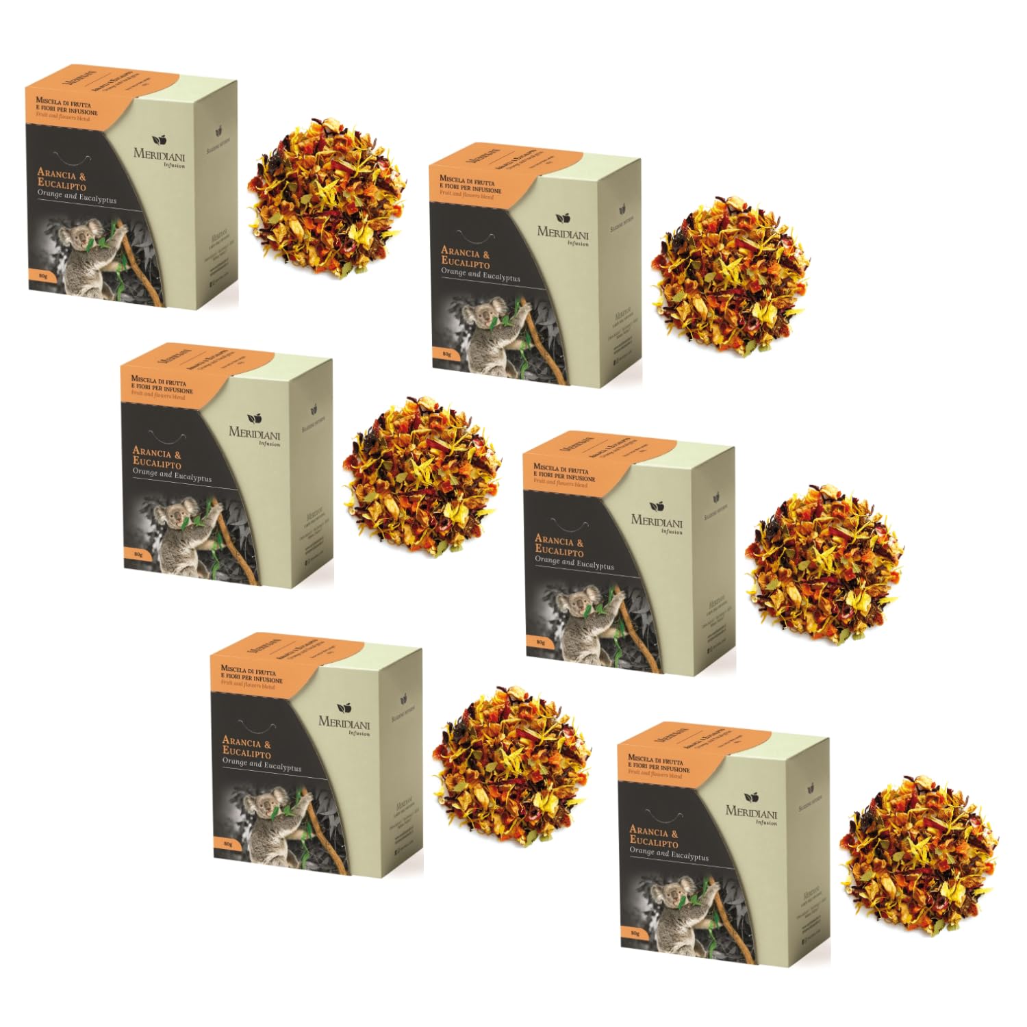 Meridiani® | Pomarańczowy eukaliptus Mieszanka do infuzji | Herbata ziołowa Pomarańczowy Eukaliptus Hibiskus Różowa Cytryna Bez Kofeiny - (6 x 80 g) | Mieszanka owocowa Delikatny smak