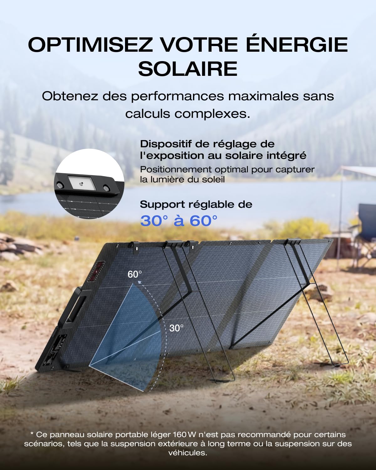 Panneau solaire portable EcoFlow 160 W, conception bifaciale avec cellules de type N, rendement jusqu'à 25%. Support réglable, guide d'angle intégré, câble XT60 inclus et protection IP68.
