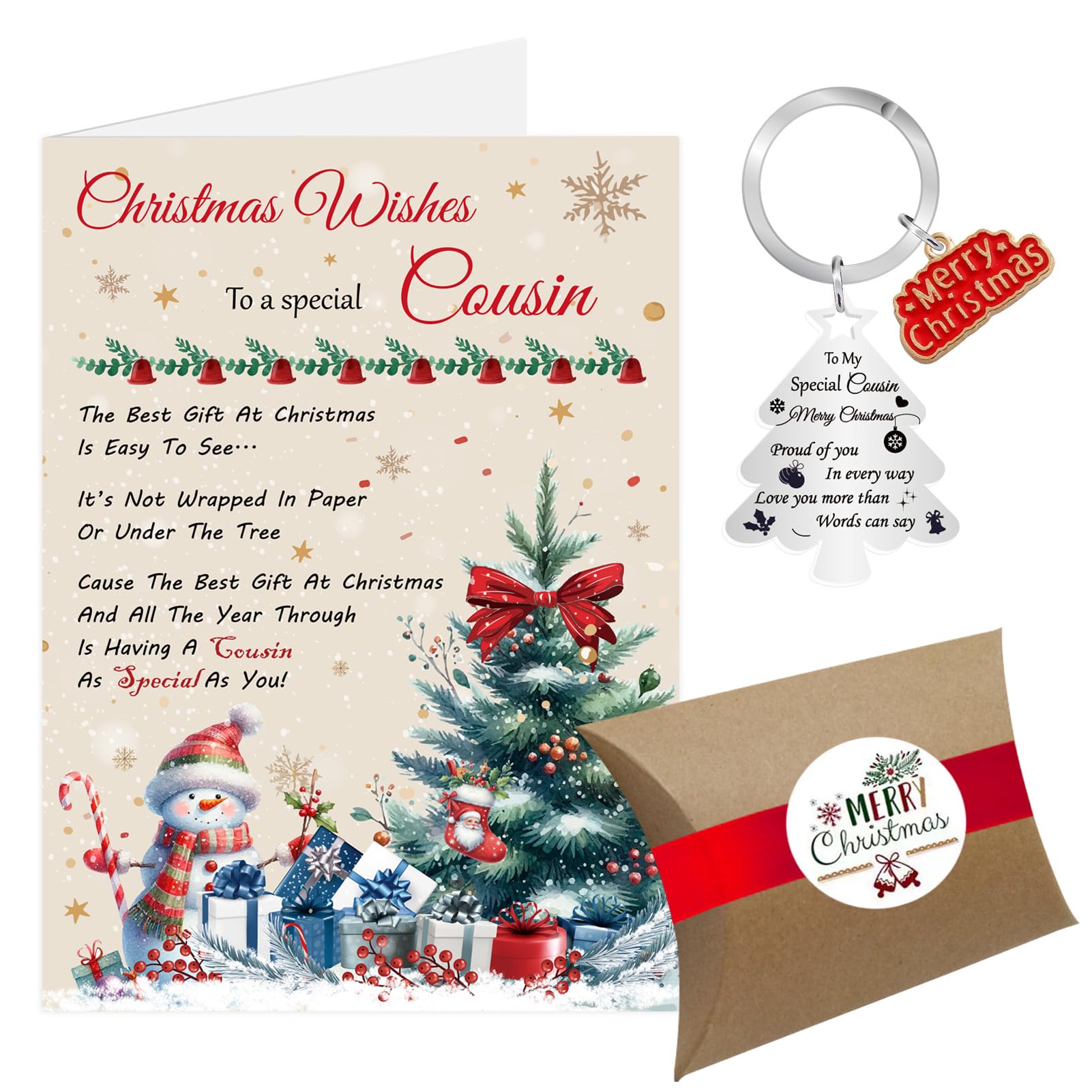 Cousin Christmas Card, Christmas Card Xmas Card for Cousin, Luxury Merry Christmas Cards Keyring Gifts for Male Female with Gift Box Envelope (Cousin)