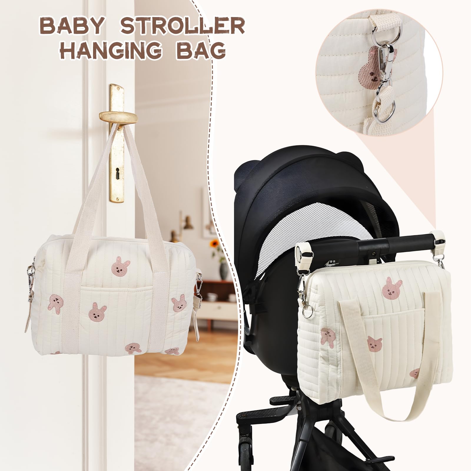 Borsa Portaoggetti per Passeggino Borsa da Viaggio Organizer per Passeggini per Carrozzina di Grande capacità con 2 Cinghie per Passeggino per Il Cambiamentodel Pannolino(Coniglietto)