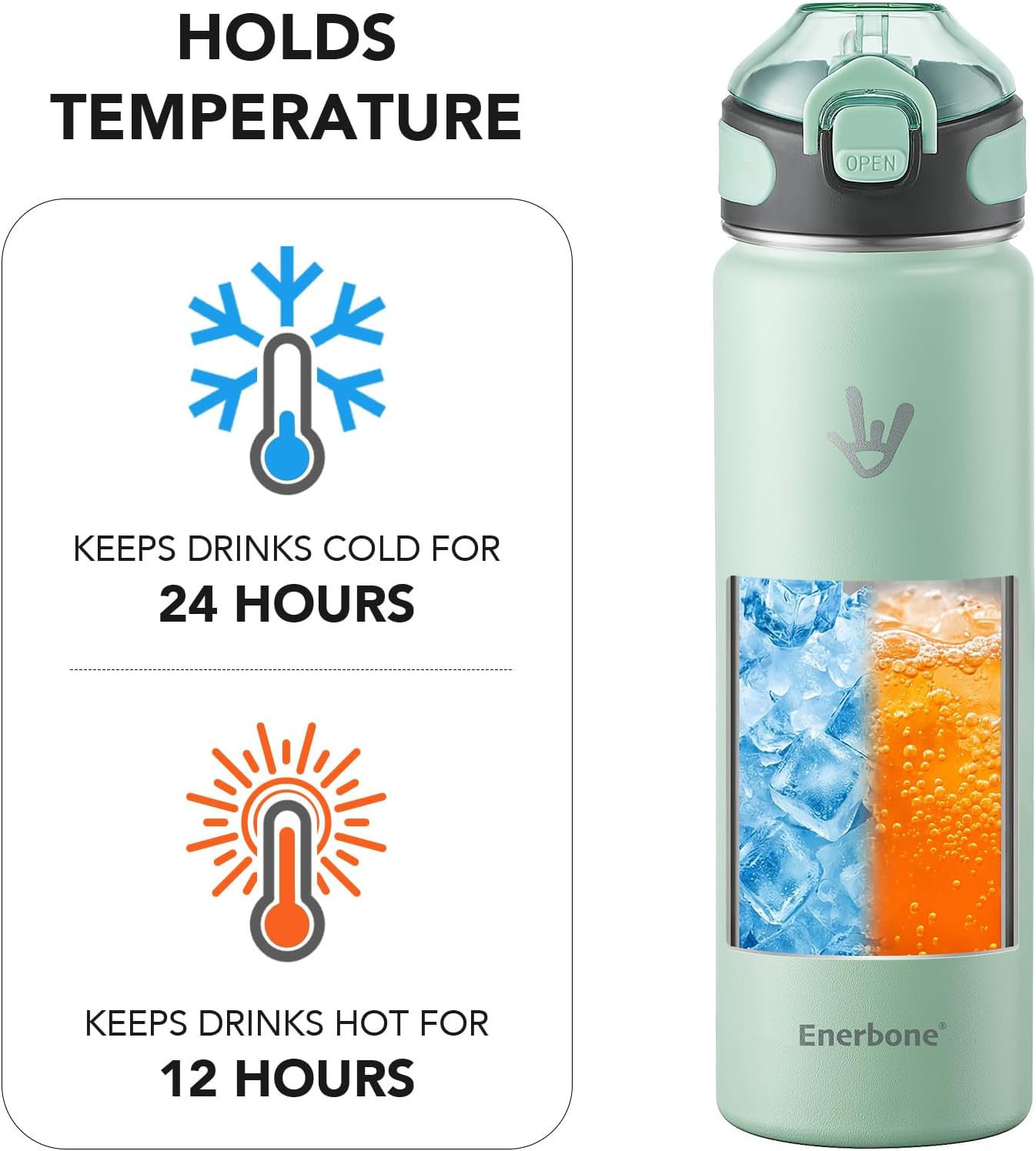 Enerbone 24 oz Insulated Water Bottle, 24oz 2 Lids (with Straw/No Straw), Stainless Steel Double Wall Flask for Hot & Cold Drinks, Leakproof Travel Bottle for Gym, Office, Hiking