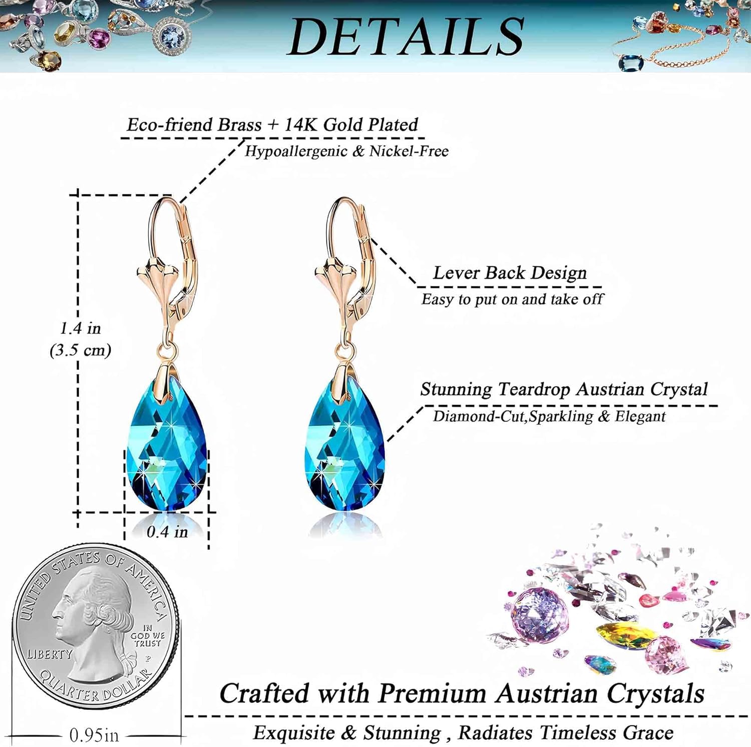 Austrian Crystal Teardrop Leverback Dangle Earrings for Women Fashion 14K Gold Plated Hypoallergenic Jewelry - Image 4
