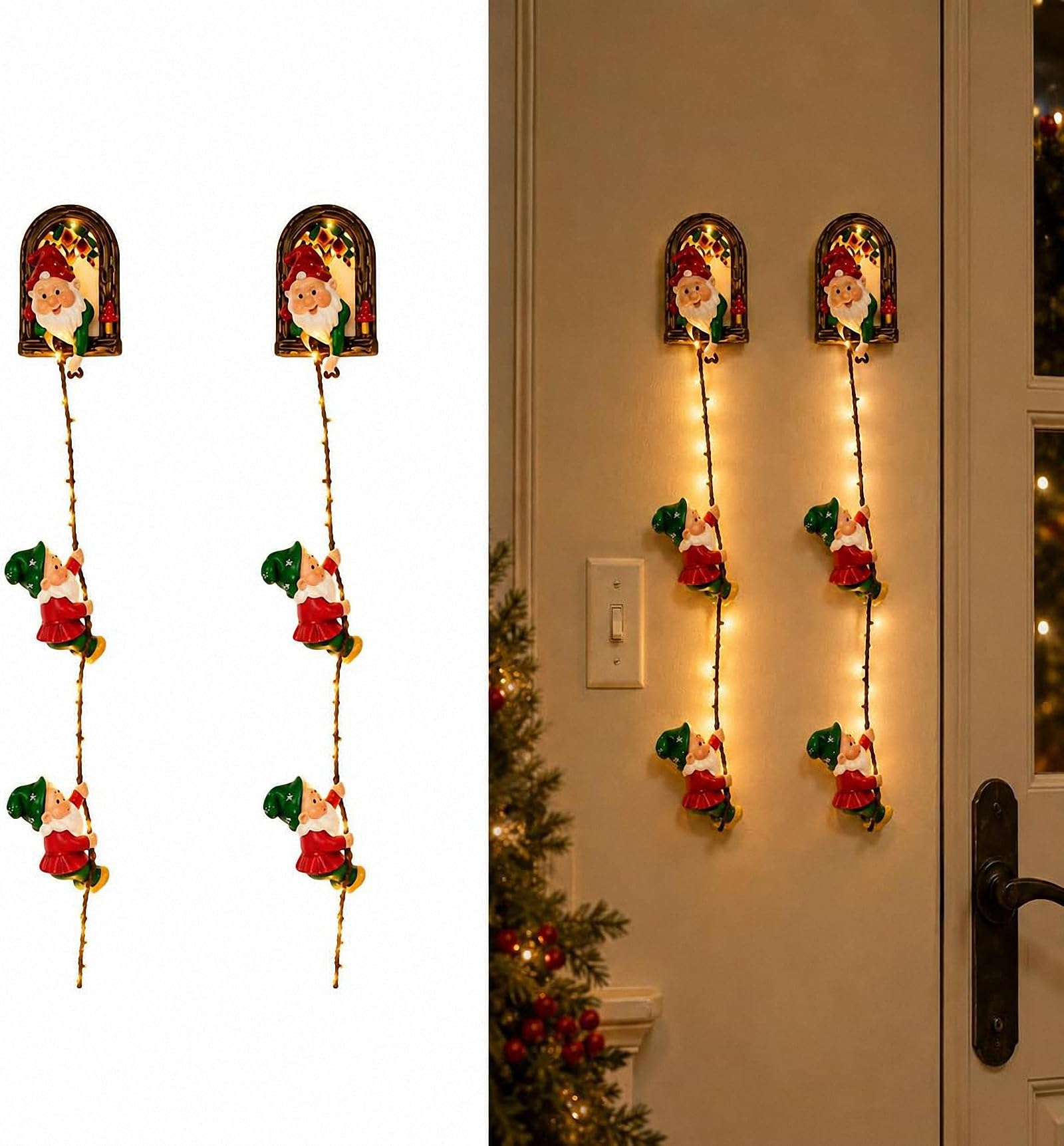 Christmas GNOME String Lights, Beleuchtete kletternde Wichtel-Weihnachtsdekoration, Hängende Xmas-Deko für Kaminsims, Weihnachtsbaum, Wand, Fenster, Wohnzimmer und Weihnachtsfeier，2 * Rot