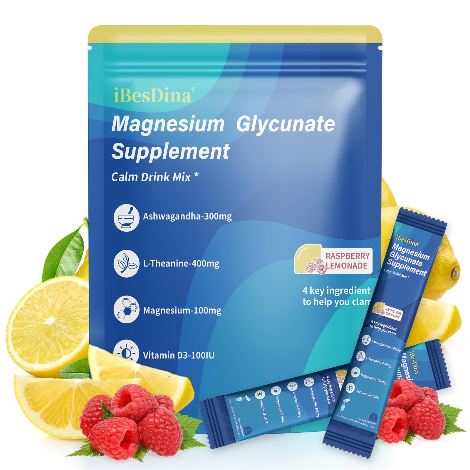 Cortisol Supplements for Women,Calm Drink Mix,Magnesium Glycinate,Ksm-66 Ashwagandha,Vitamin D 3, 20 On The Go Packets,Raspberry Lemonade,Supplements for Relaxation Sleep