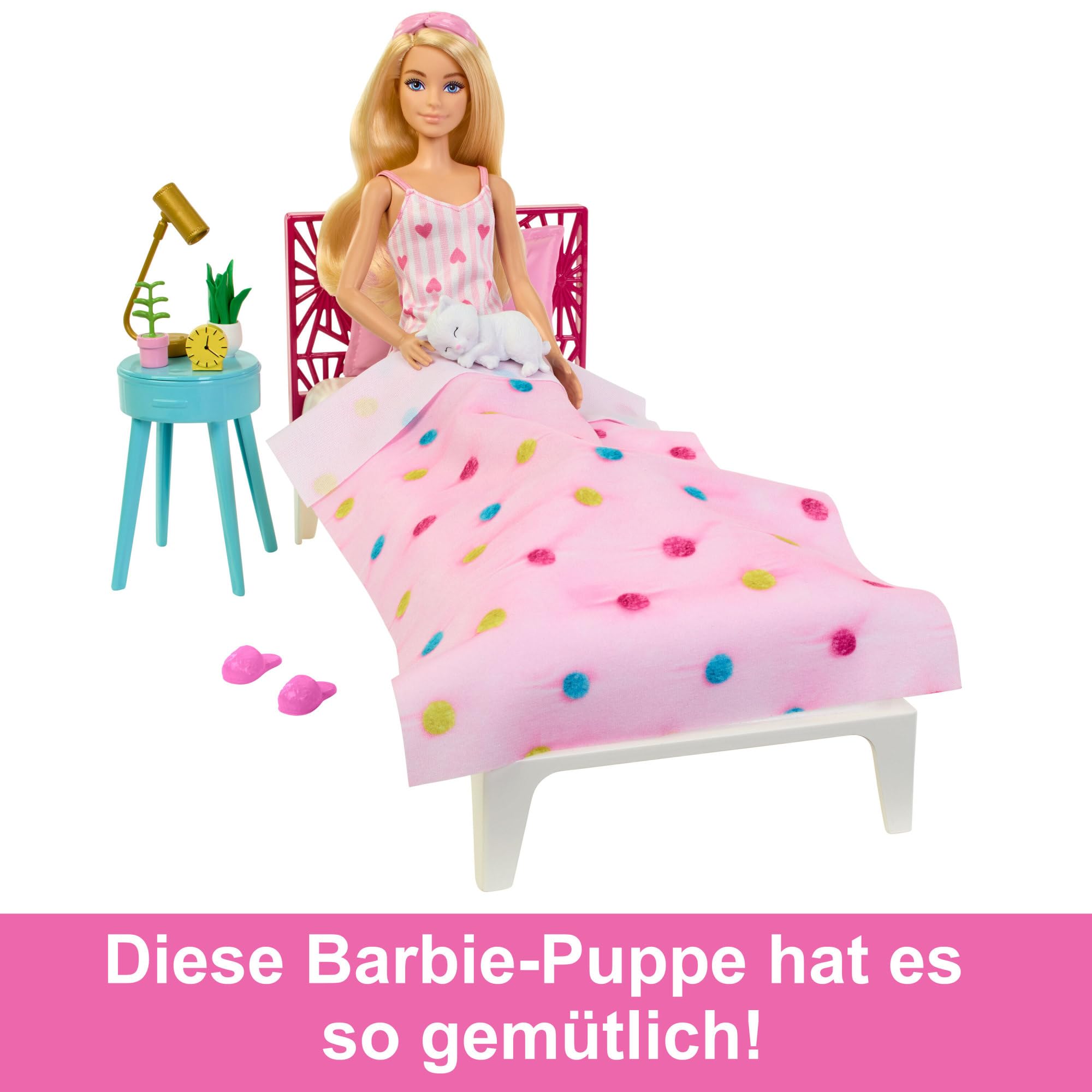 Barbie Schlafzimmer-Spielset - Puppe, Bett, Schminktisch, Kätzchen und 20 Zubehörteile kreatives Spielen, inklusive flauschigem Bademantel und Hausschuhen, für Kinder ab 3 Jahren, HPT55