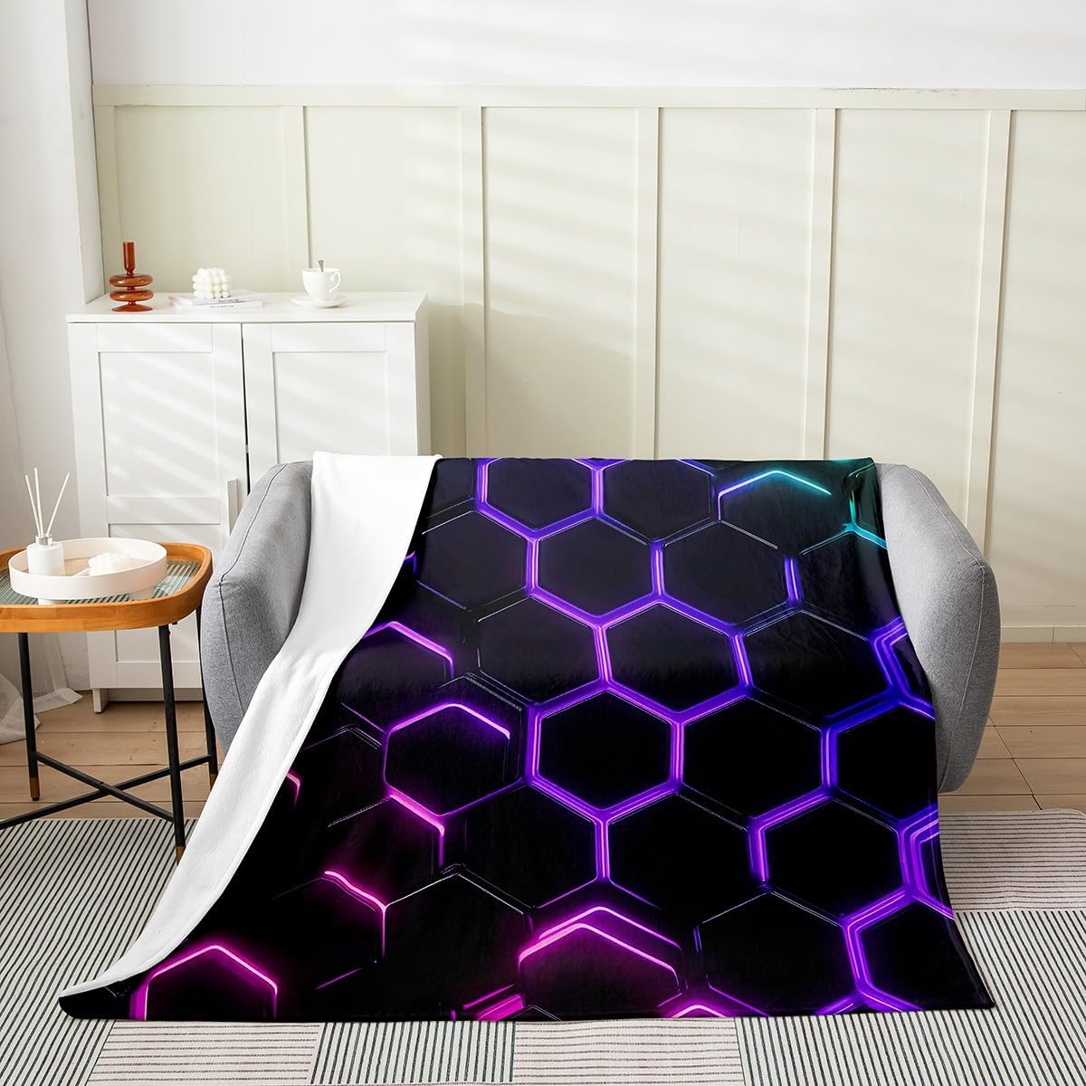 Honeycomb Flannel Fleece Throw Blanket,All Season Hexagonal Blue Purple Black Bed Blanket Geometrical Fuzzy Blanket For Bed Sofa Couch,Bedroom Decor Beehive Geometric Plush Blanket Twin 60"x80"