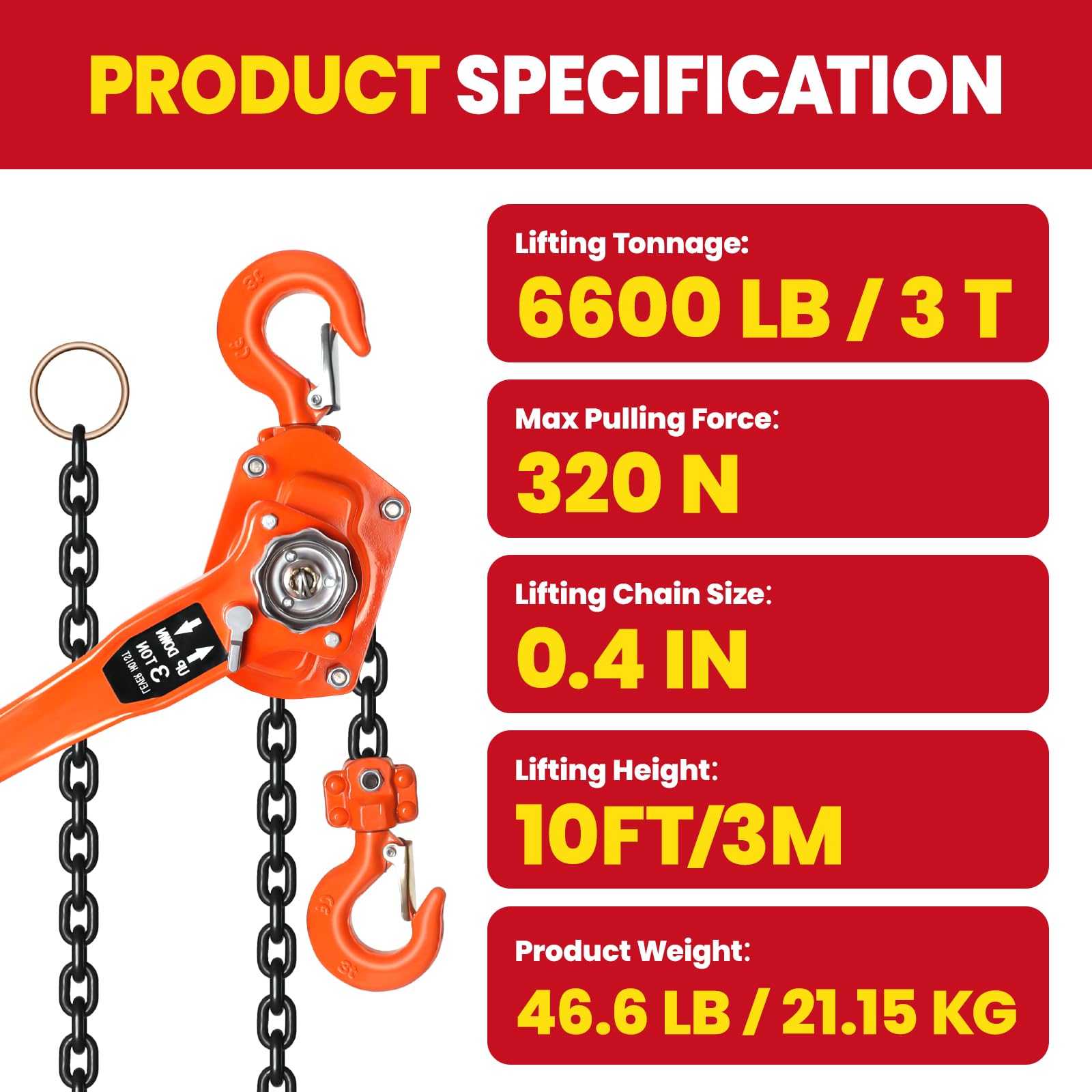 Hebelzug Manuell 2 Tonnen G80 Lastkette Ratschenzug mit 2 Schwerlasthaken 360 Grad Drehbar fur Garage Fabrik Dock Lager Professionelles Hebezeug Kettenzug Stahl(0.75T 10ft)