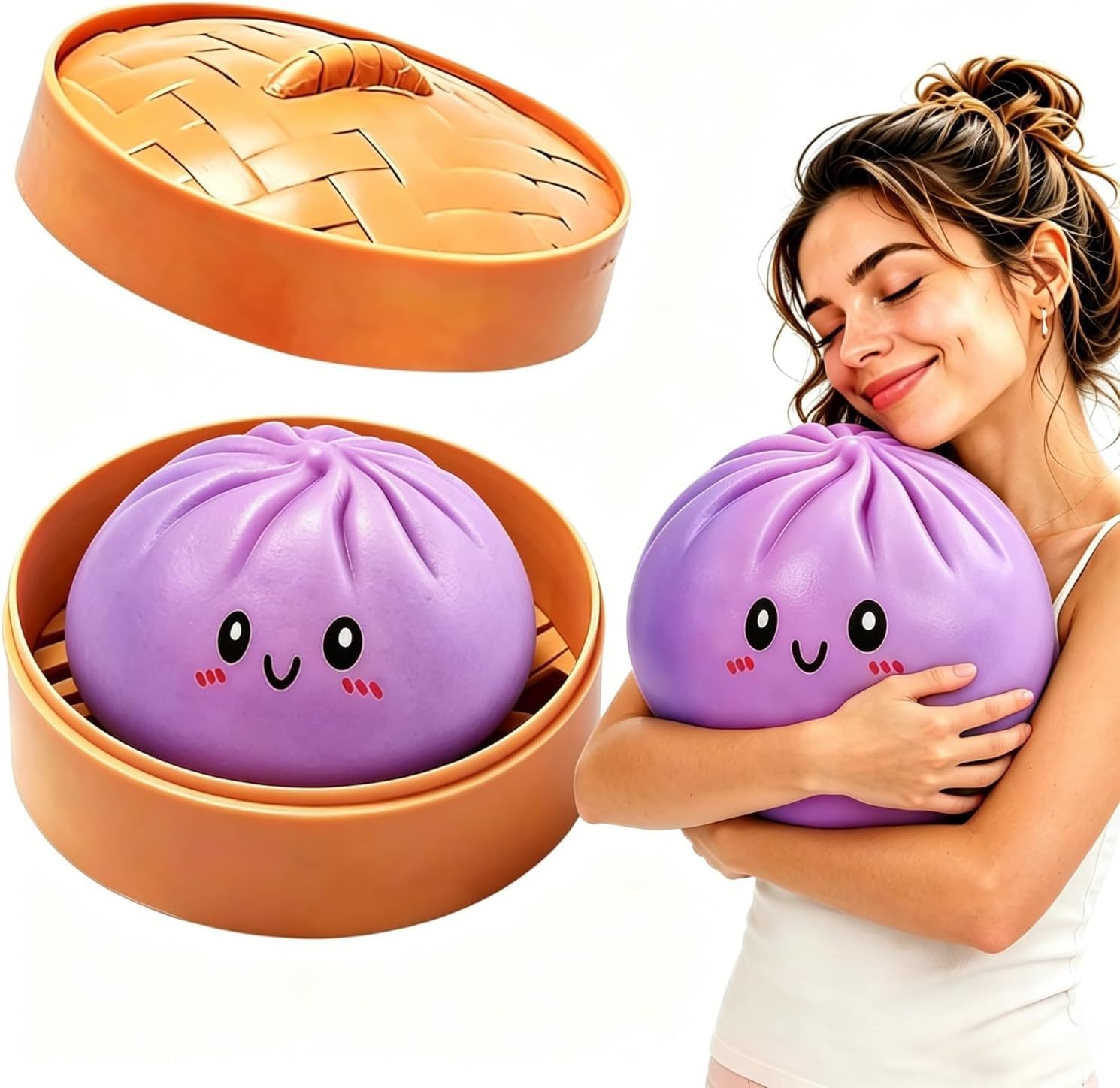 XXL Dumpling Squishy Mystery Baozi Anti-Stress, Lot de 3: Or, Rouge & Blanc, 9,5cm Jouet à Presser avec Boîte Vapeur - Jeux - Jouets