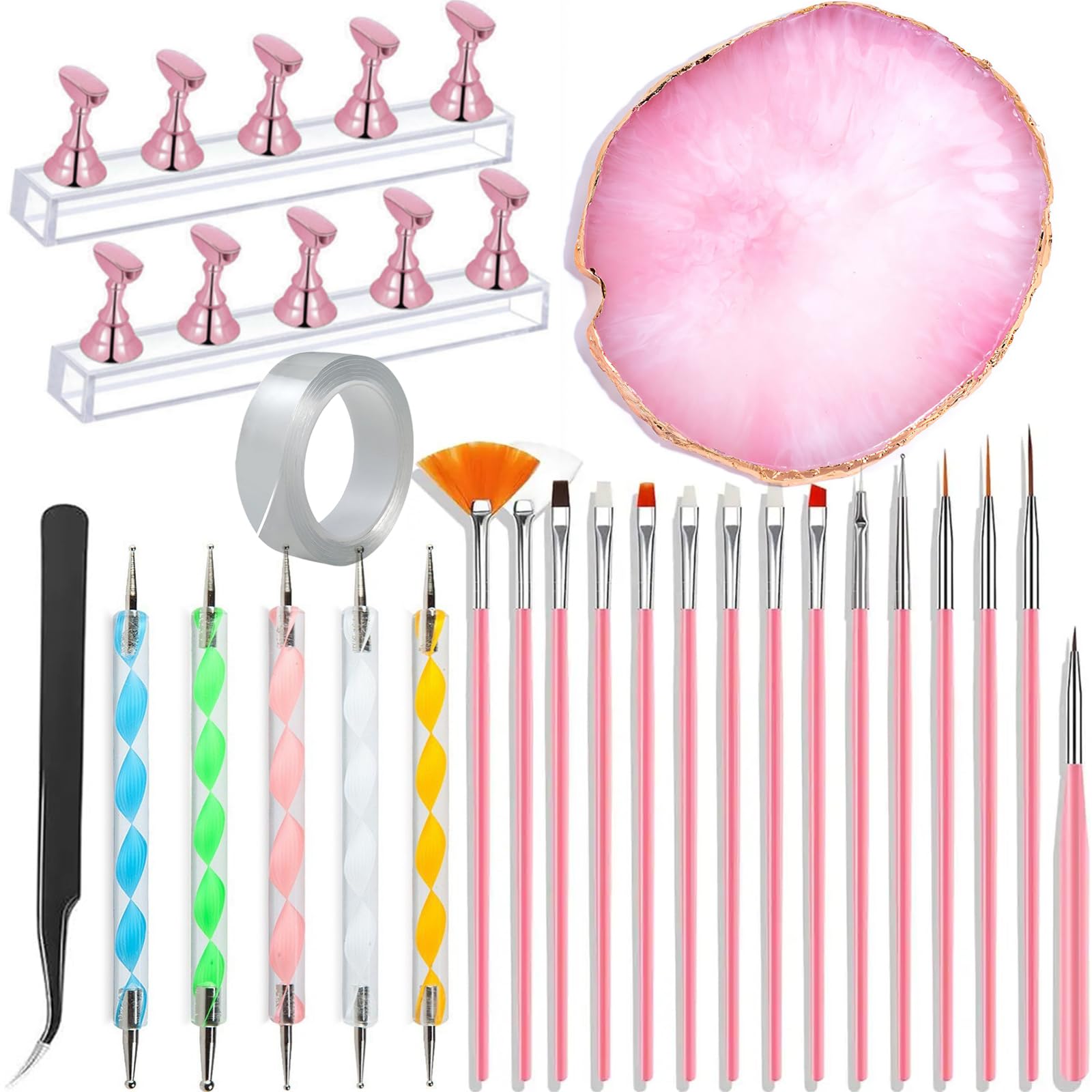24 Pieces Nail Art Tools Kit Resin Nail Art Palette Acrylic Silicone Engraving Pen Dotting Pen Mixing Palette Detail Brushes Tools for Nail Art DIY