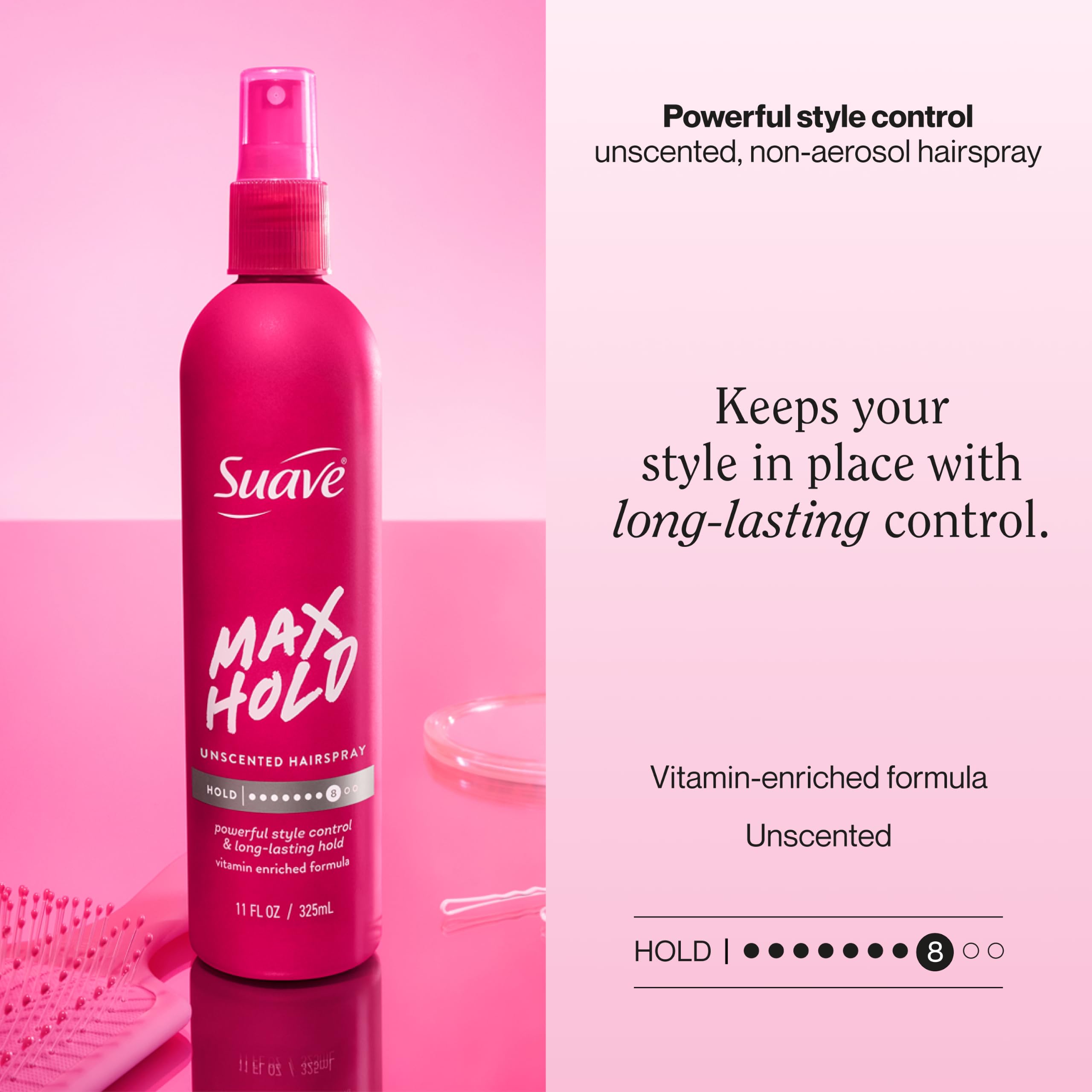 Suave Max Hold Unscented Non-Aerosol Hairspray, Strong Hold, 11 fl oz, 12 Count