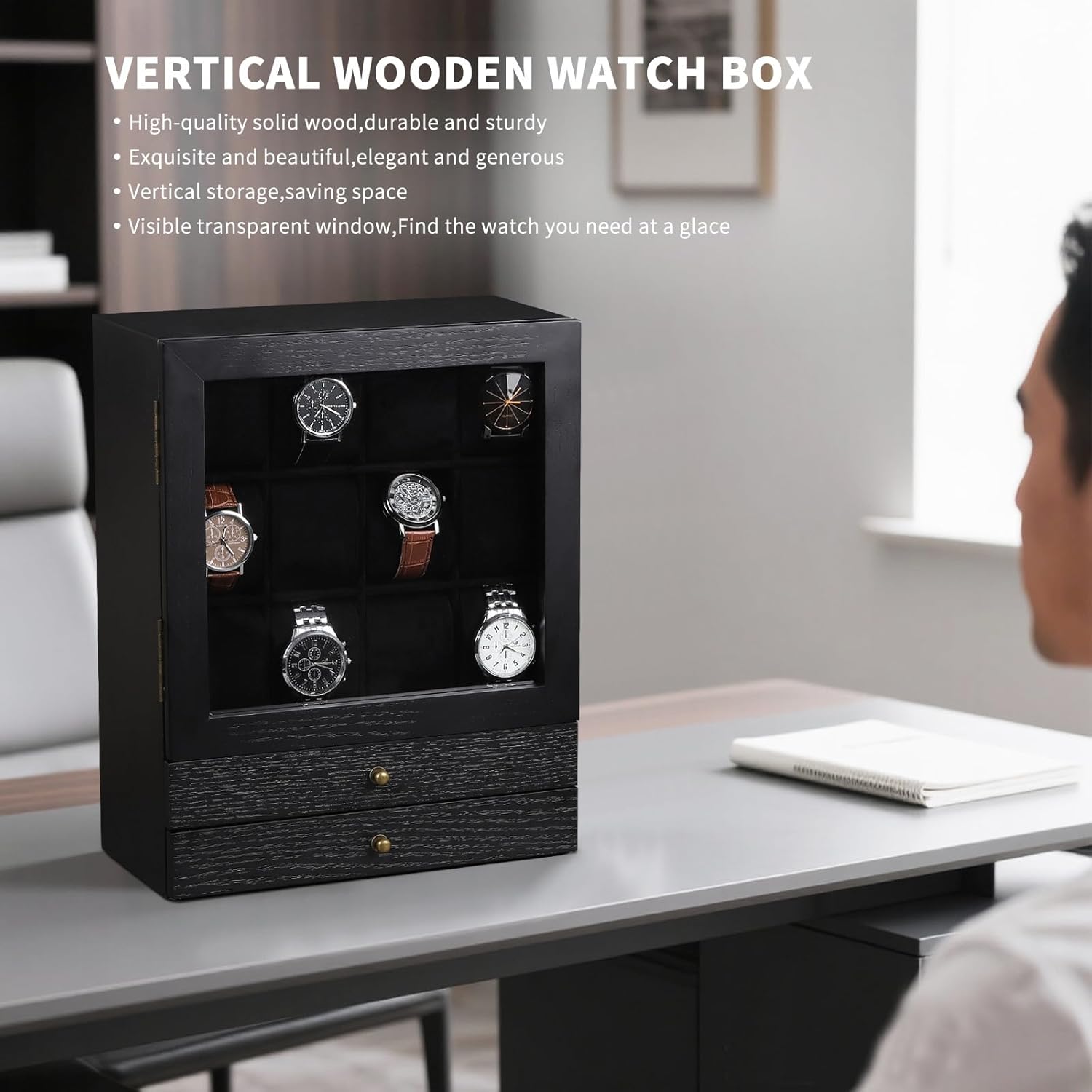AUTOARK Wooden Watch Eyeglass Jewelry Box with Glass Front,12-Slot Vertical Display Case with 2 Drawers,Velvet Lining,Dresser Organizer for Men Women,Space-Saving Sunglass Storage,Black,MKAW081