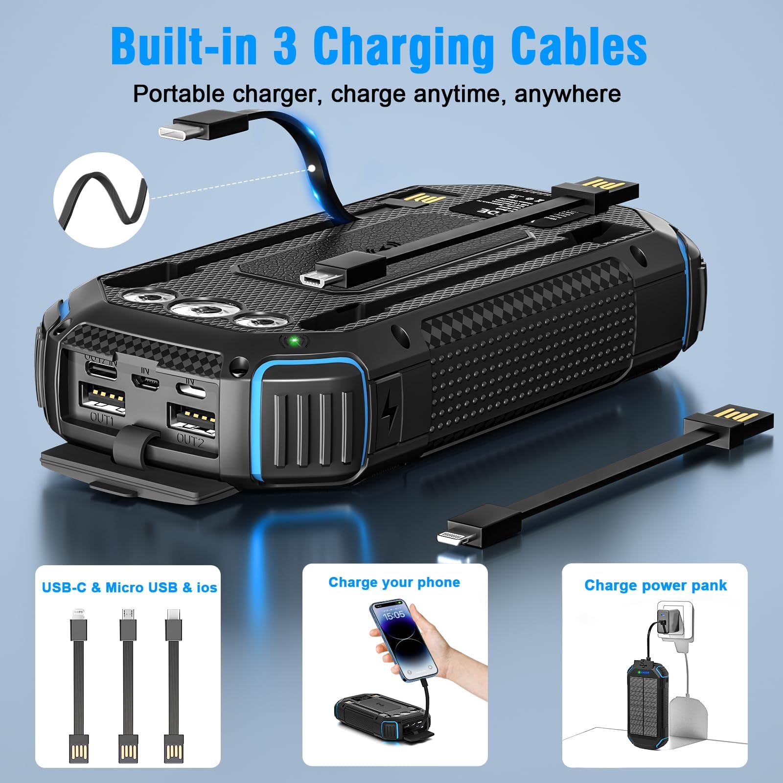 WASTDE Power Bank Wireless Solar 26800mAh con 3 cavi, Power Bank USB-C 15W Ricarica Rapida 4 uscite, 3 ingressi per cellulare, caricatore solare, batteria esterna con torcia