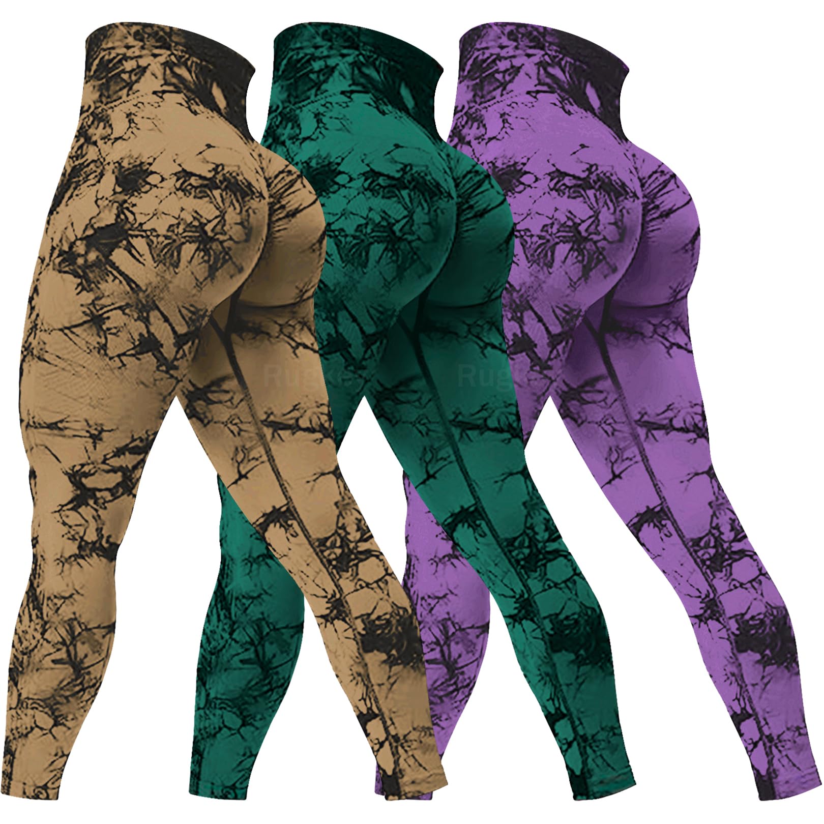 Rugkey Women's 3 Piece Yoga Leggings High Waist Tie Dye Seamless Scrunch Butt Lifting Athletic Booty Pants