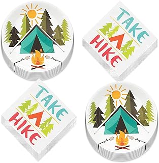 HOME & HOOPLA Camping Party Tent Adeventure Paper Dessert Plates and Take a Hike Napkins (Serves 16)