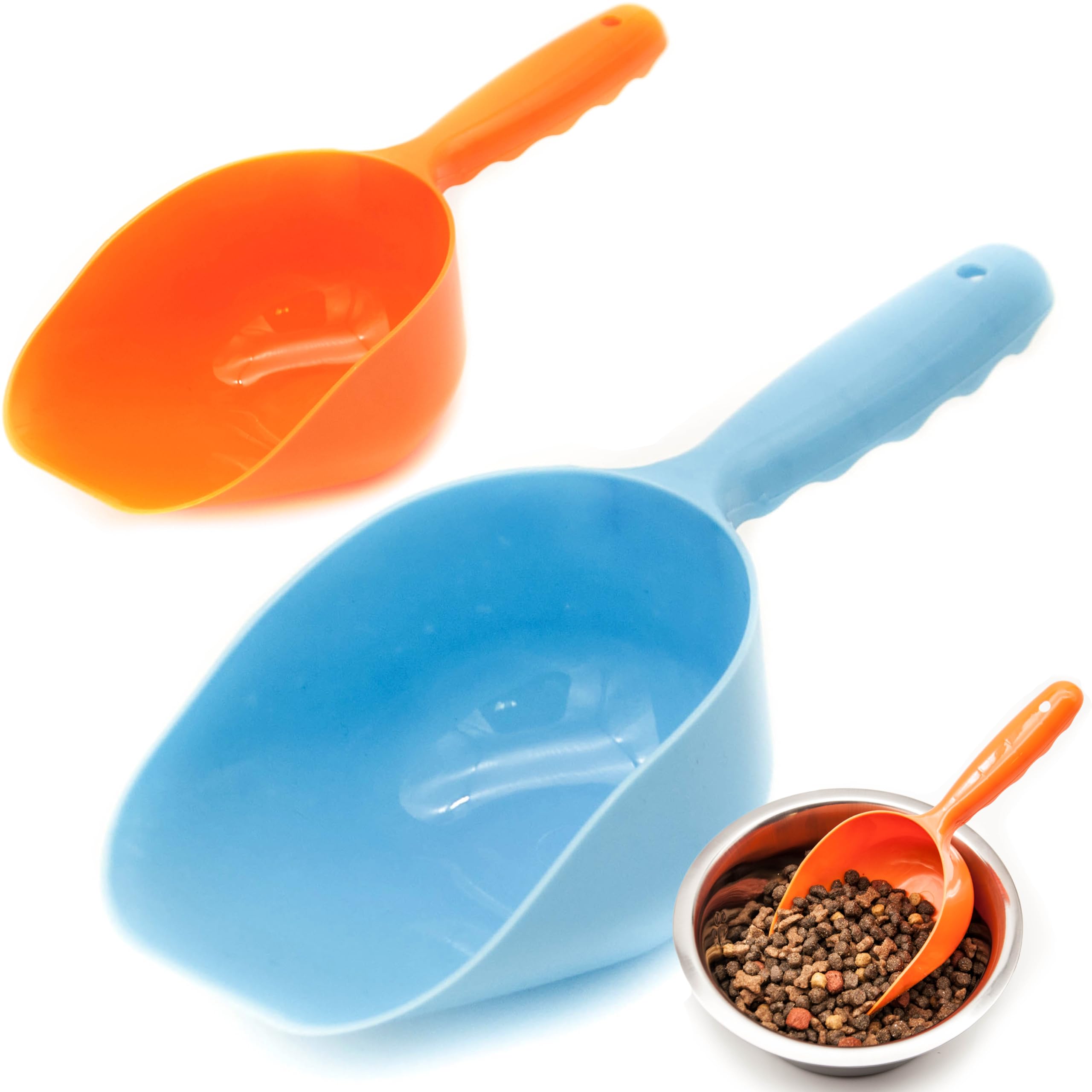 2X Food Scoops for Dog Treat Storage Container – Dogs, Cats, Rabbits, Ferrets, Birds – Use with Pet Feed Storages, Container, Pets Feeding bin – Portable, Travel, Lightweight (Blue/Orange)