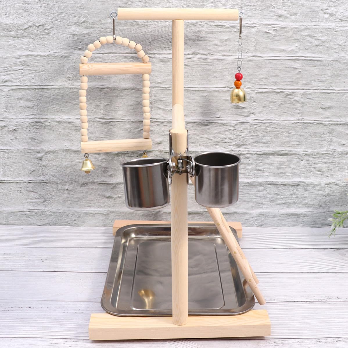 ibasenice Giochi per Uccelli Parrot Playground in Legno e Acciaio Inox, Supporto per Pappagalli, Altalena e Scala, per Gabbia e Giardino Colore Casuale