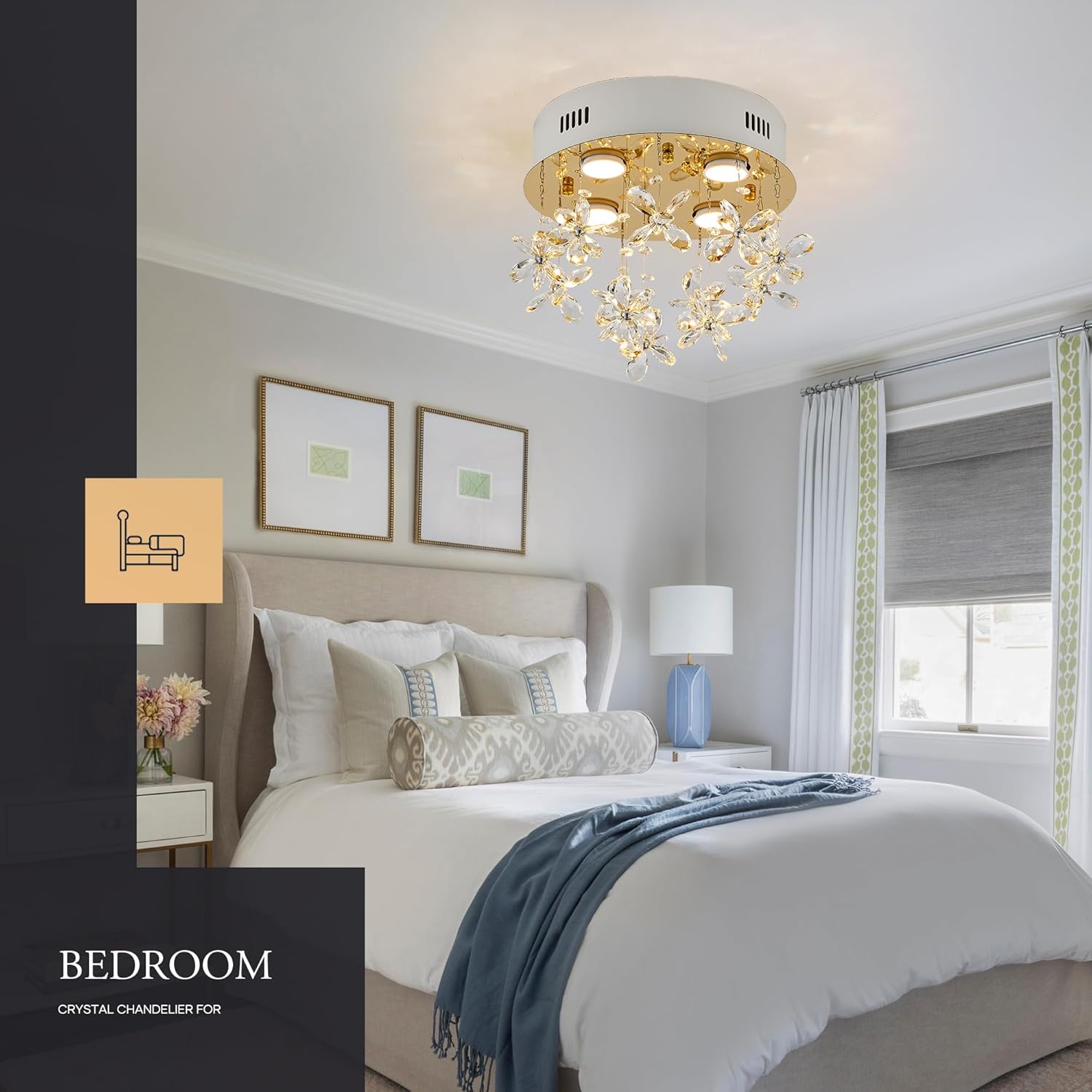 4-Lights Modern Chandelier K9 Crystal Lighting Fixture,11.8 Inch Round Stainless Steel Flush Mount Ceiling Lights for Bedroom Foyer Hallway Dining Room,GU10 Bulbs Include