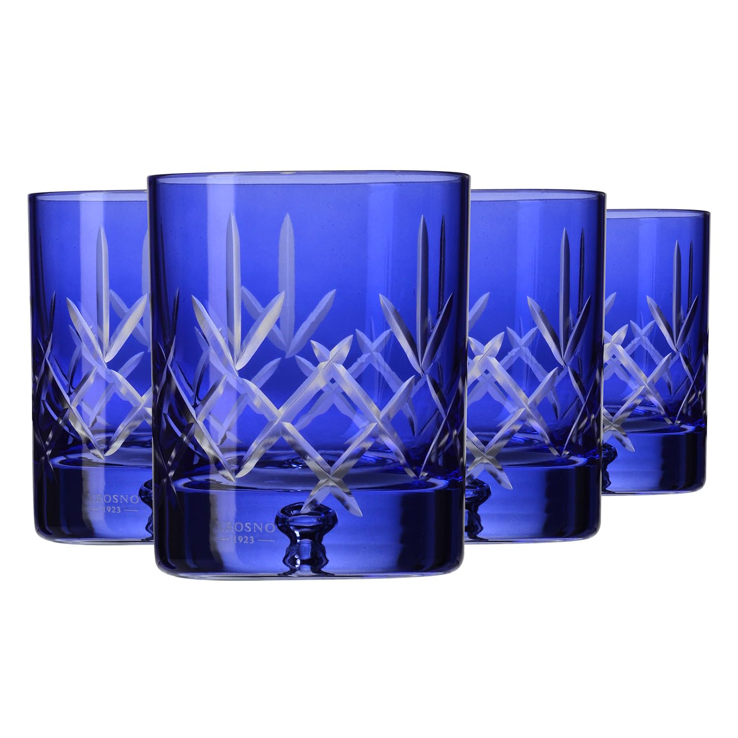 Krosno Whisky Glasses Set of 4 - Blue Crystal Whiskey Tumblers for Bourbon and Scotch - 250 ml Handcrafted Cut Glass - Rocks Glasses in Gift Box - Saga Collection