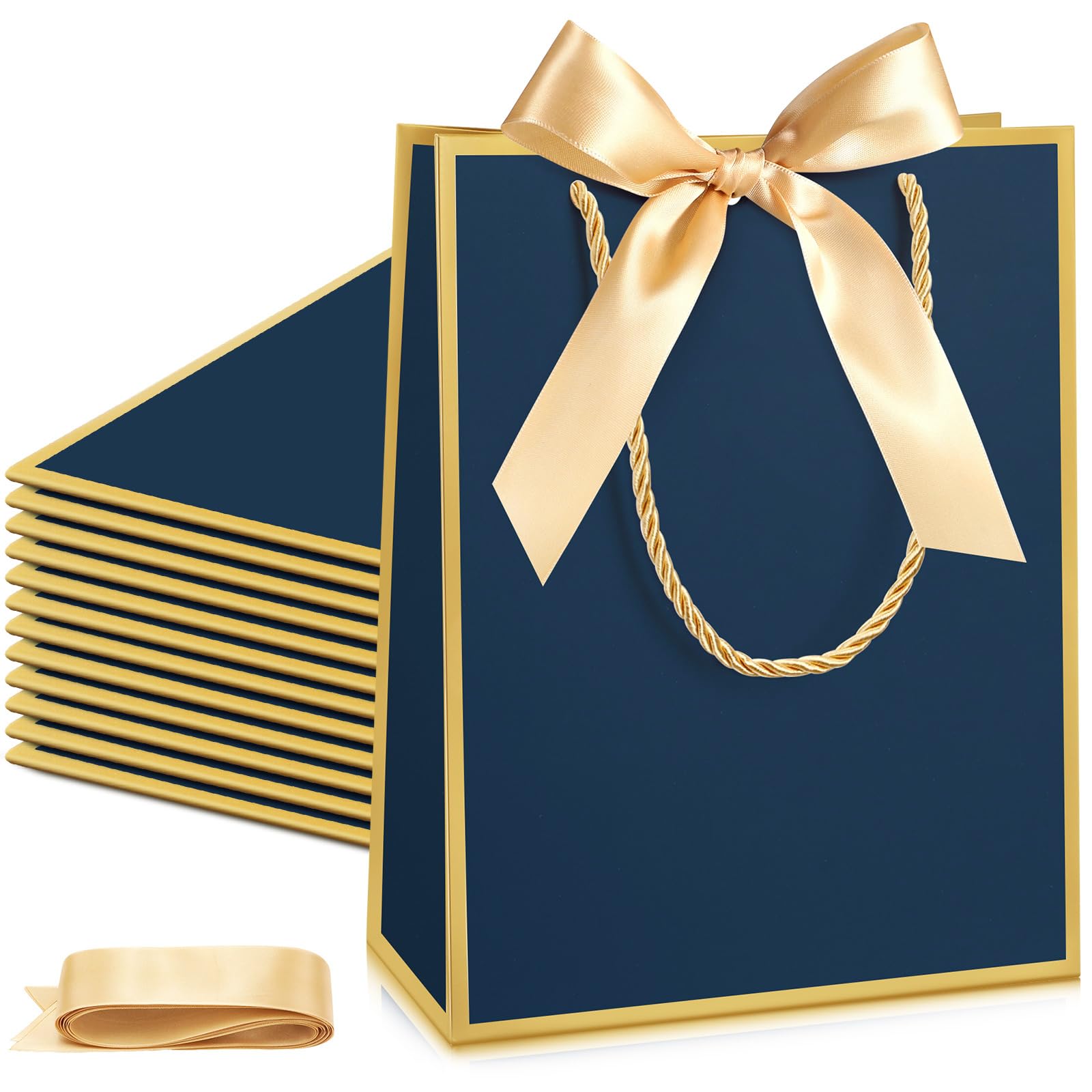 Silkfly 12 Pcs Wedding Paper Gift Bags with Handle 9x7x3.15'' Thank You Gifts Bags with Ribbon Bow Bridal Shower Gifts for Baby Shower Graduation Holiday Birthday Party Supplies (Navy Blue,Gold) — image 1