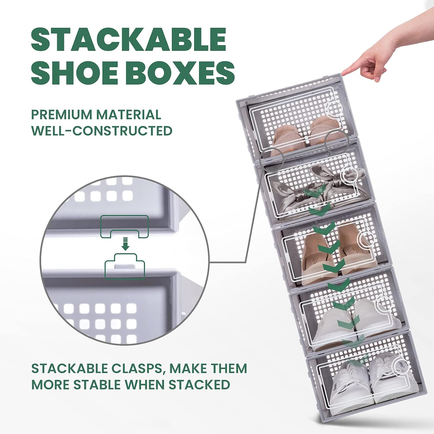 WALL QMER Shoe Boxes Clear Plastic Stackable, 12 Pack Shoe Storage 13 x 9 x 5.5in, Shoe Organizer with Lids, Sturdy, Easy to Install, Front Opening Shoe Holder Containers, Storage Box for Multi-use