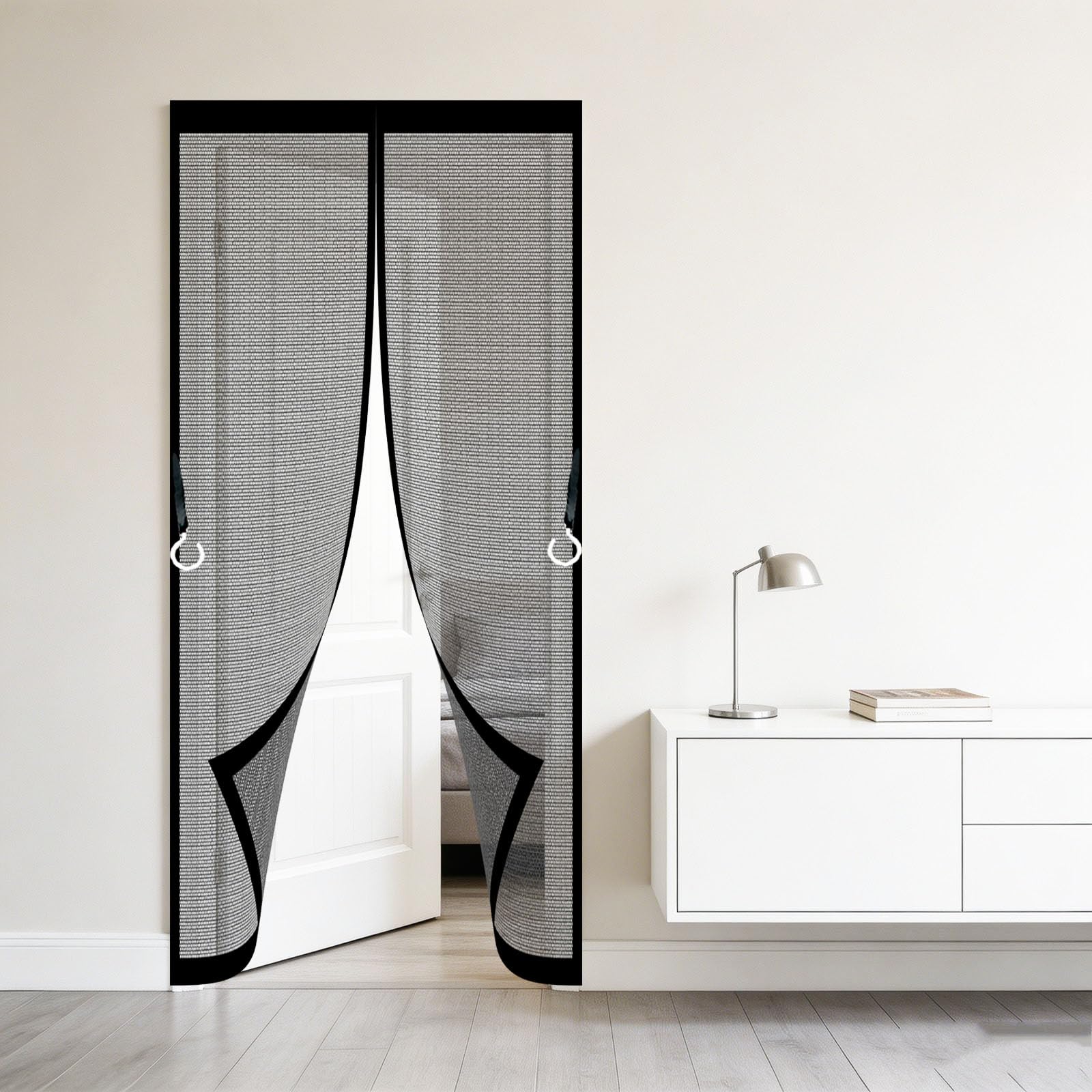 Door Fly Screen 106 x 215 cm No-Drill Easy Installation Automatically Closes Powerful Magnets Mesh Door Curtain for Bedroom Pet Friendly Living Room, Black