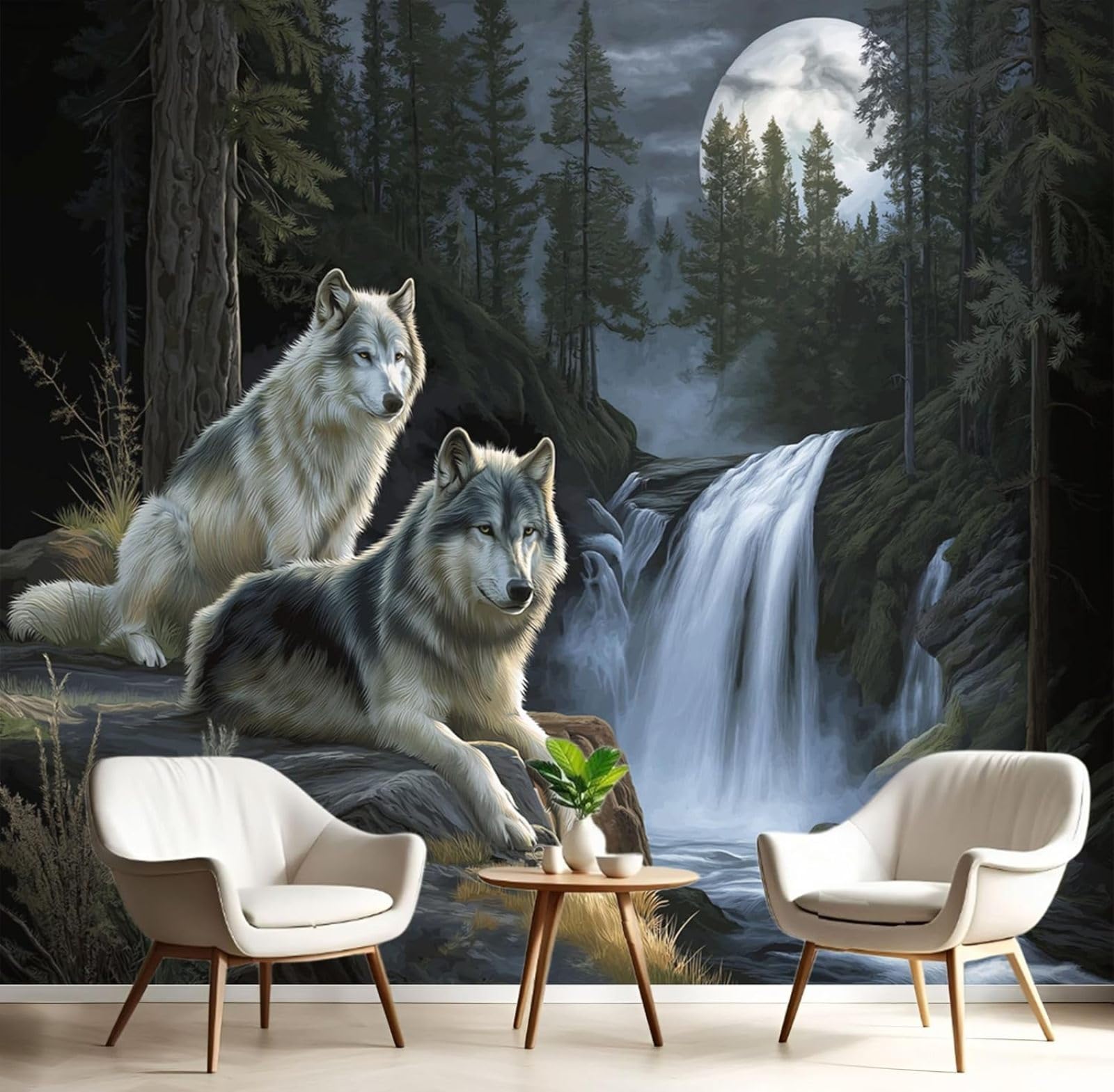kfjhgbdshhj Non-Woven Photo Wallpaper Wolf Forest 3D Effect Bedroom Living Room Modern Non-Woven XXL Motif 3D Wild Animals Waterfalls Decoration,250cmx175cm Stickers - Frameless Painting - Poster