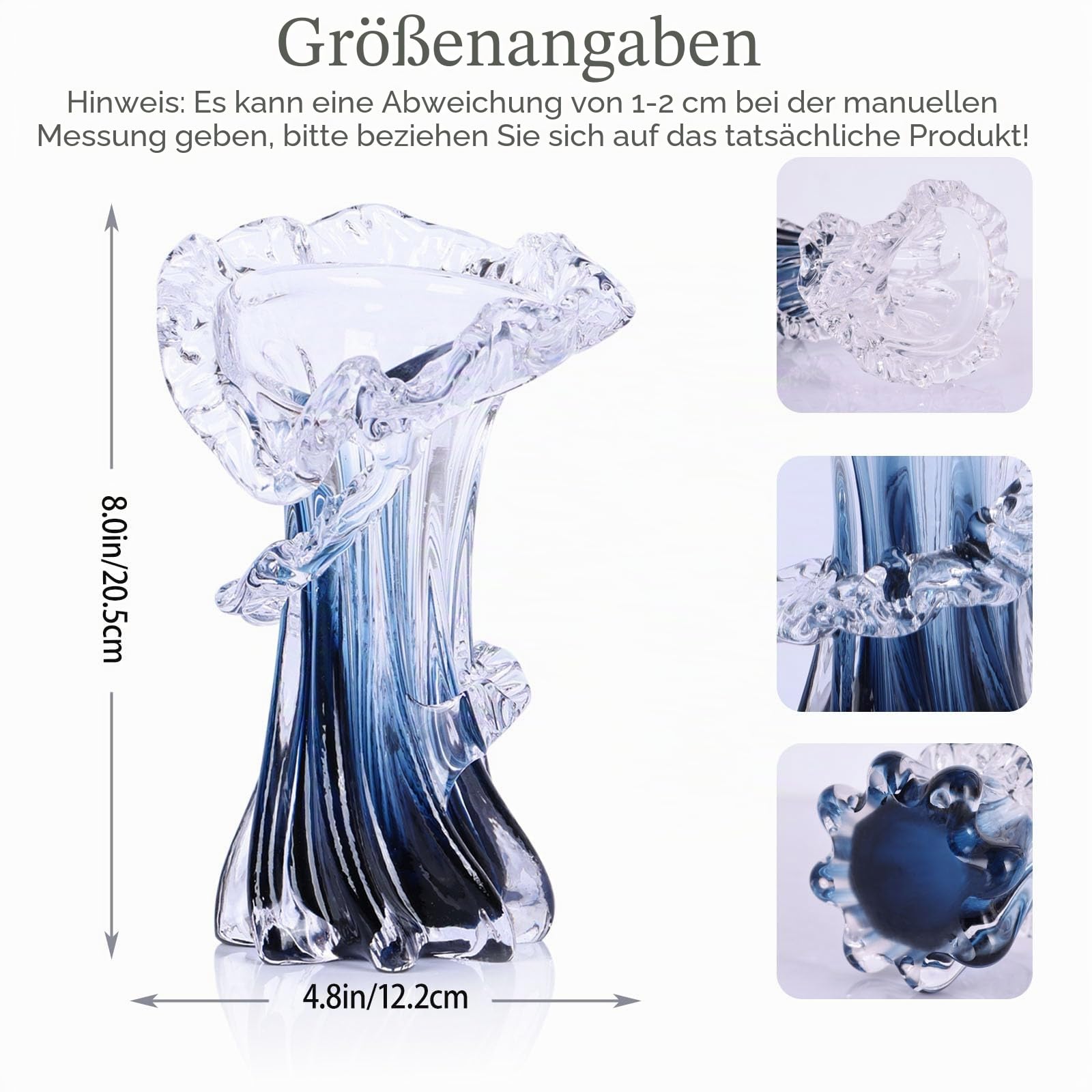 Wellenvase, blau-weiß, klarer Farbverlauf, Meeresglasvase, Murano-Glasvase, einzigartige Glas-Blumenvase für Ozean-Thema, Küste, Zuhause, Mittelstück, modernes Büro, Eingangstisch