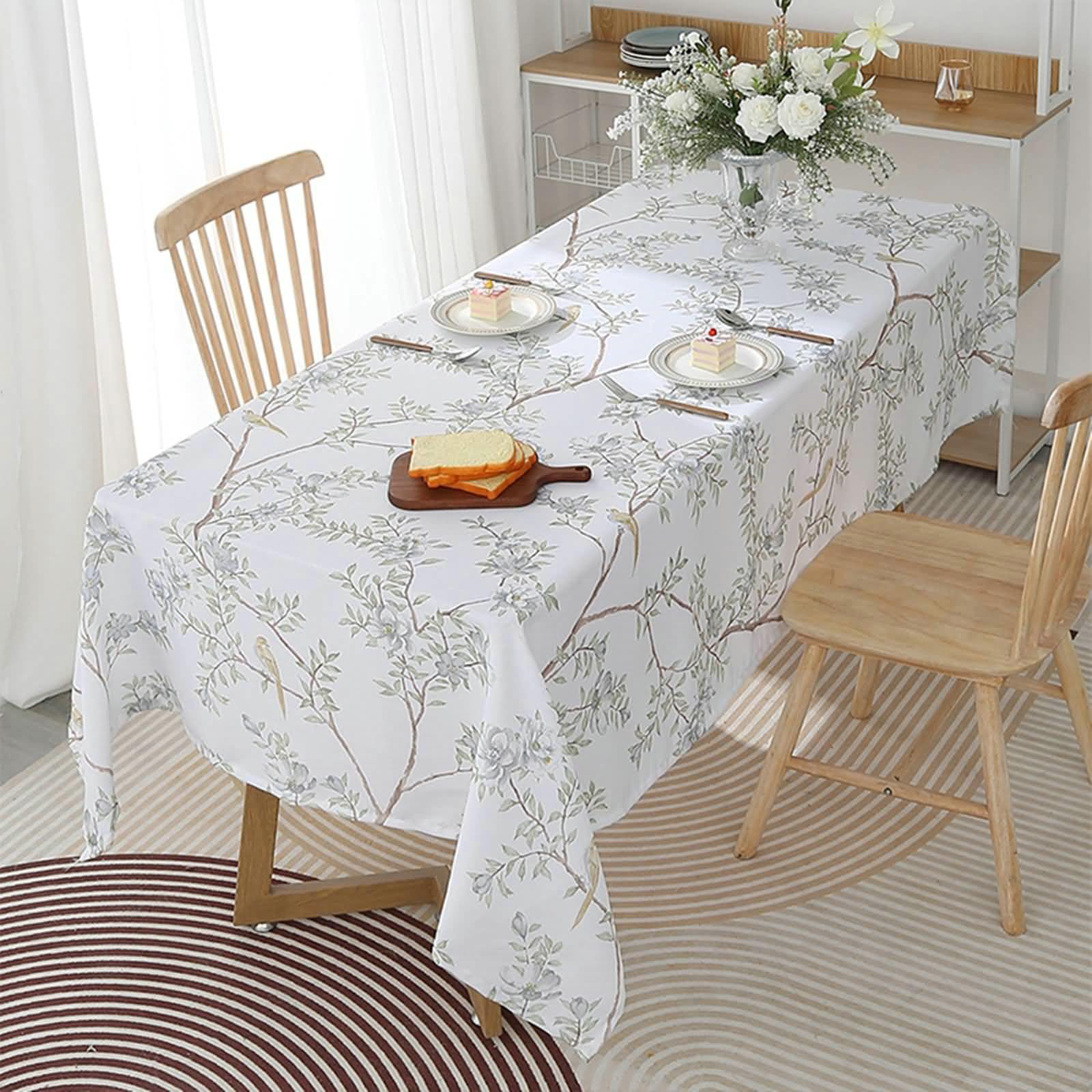 Tovaglia Tavola 140 x 220cm, Tovaglia Lavabile Rami di Alberi e Uccelli Tovaglia Rettangolare Verde Chiaro Bianco