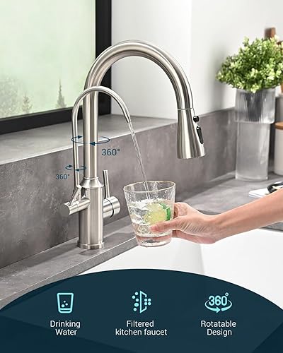 Vista 48 de APPASO Grifo de cocina cuadrado con filtro, grifos de fregadero de 3 vías negro mate con rociador extraíble, 2 modos, arco alto, moderno, 2 asas