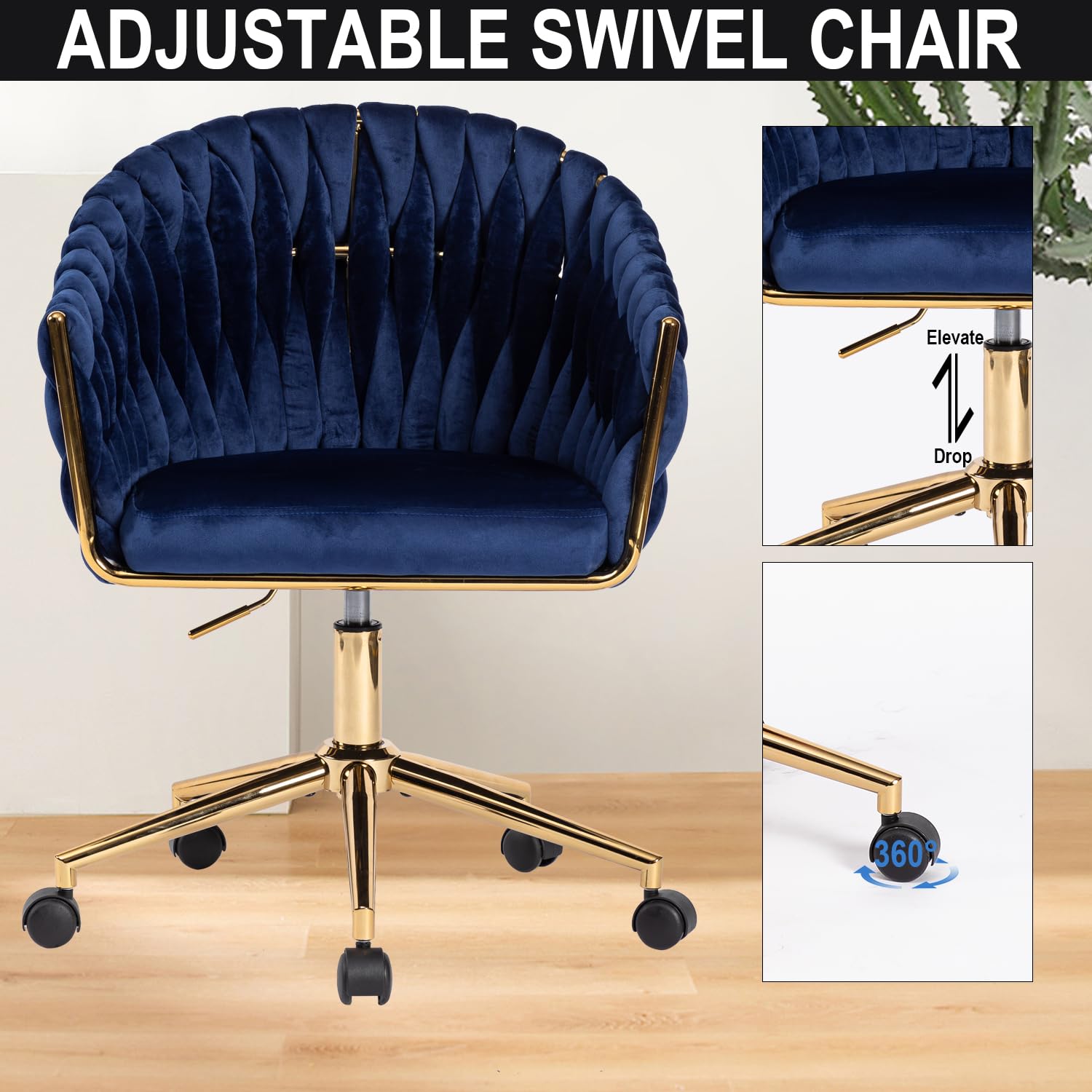 Comermax Velvet Office Chair with Hand Woven,  Vanity Chairs with Golden Wheels, 360° Swivel Home Office Desk Chair Computer Chairs, Accent Chair Makeup Chair for Bedroom, Living Room(Black): Blue