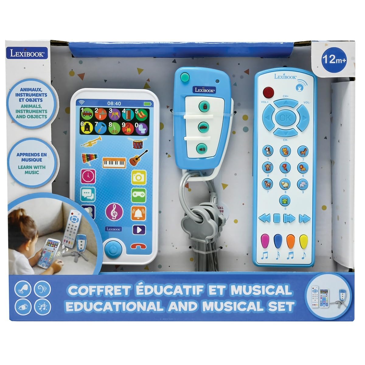 Lexibook, Coffret éducatif et Musical avec téléphone, télécommande et Porte-clés, Jeu d'imitation pour Les Tout-Petits, Explore Les Animaux, Instruments de Musique et Objets du Quotidien, PS125