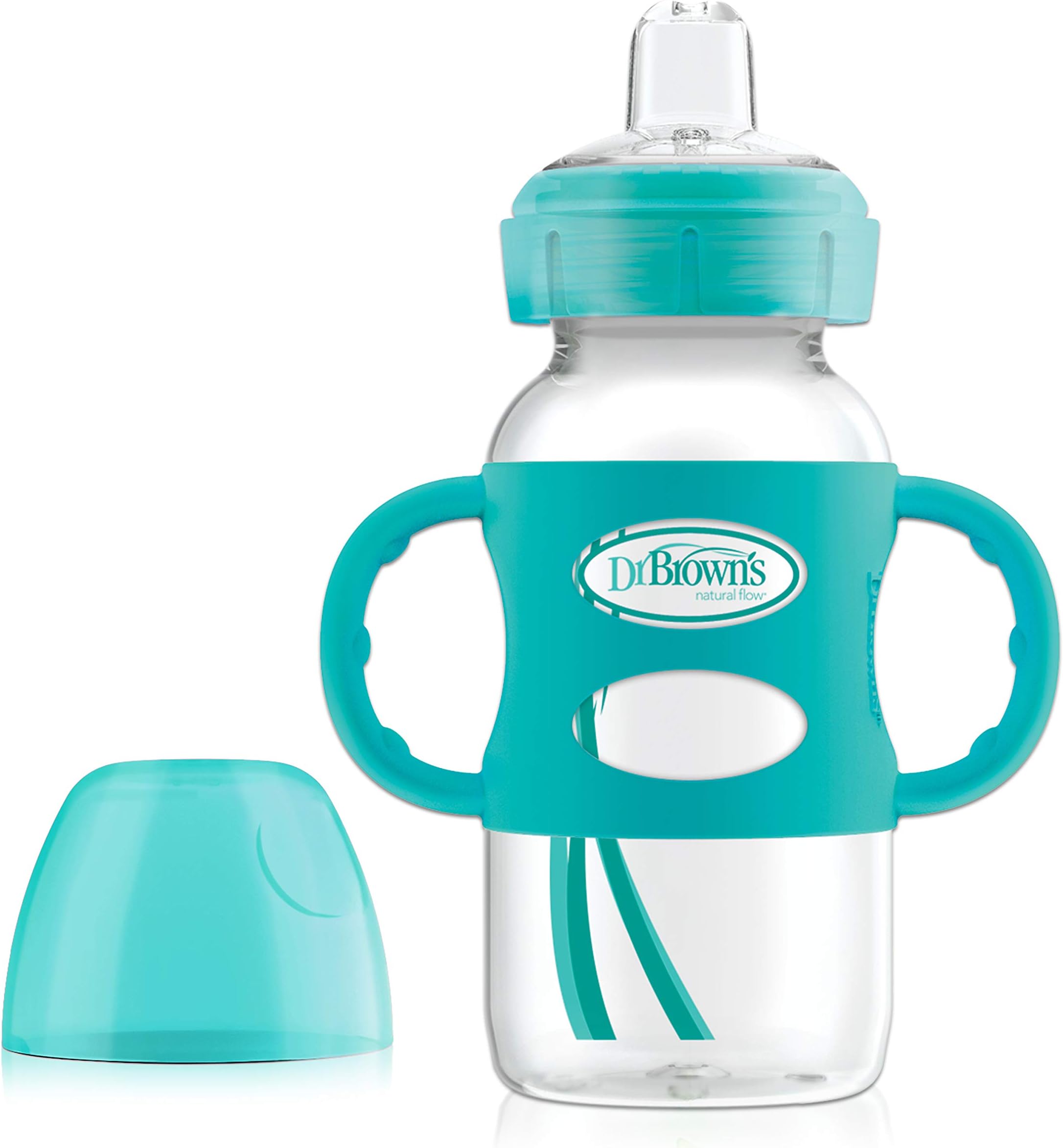 Dr. Brown's Options+ Wide-Neck Transition Bottle with Sippy Spout and Silicone Handle, 9oz (Turquoise)