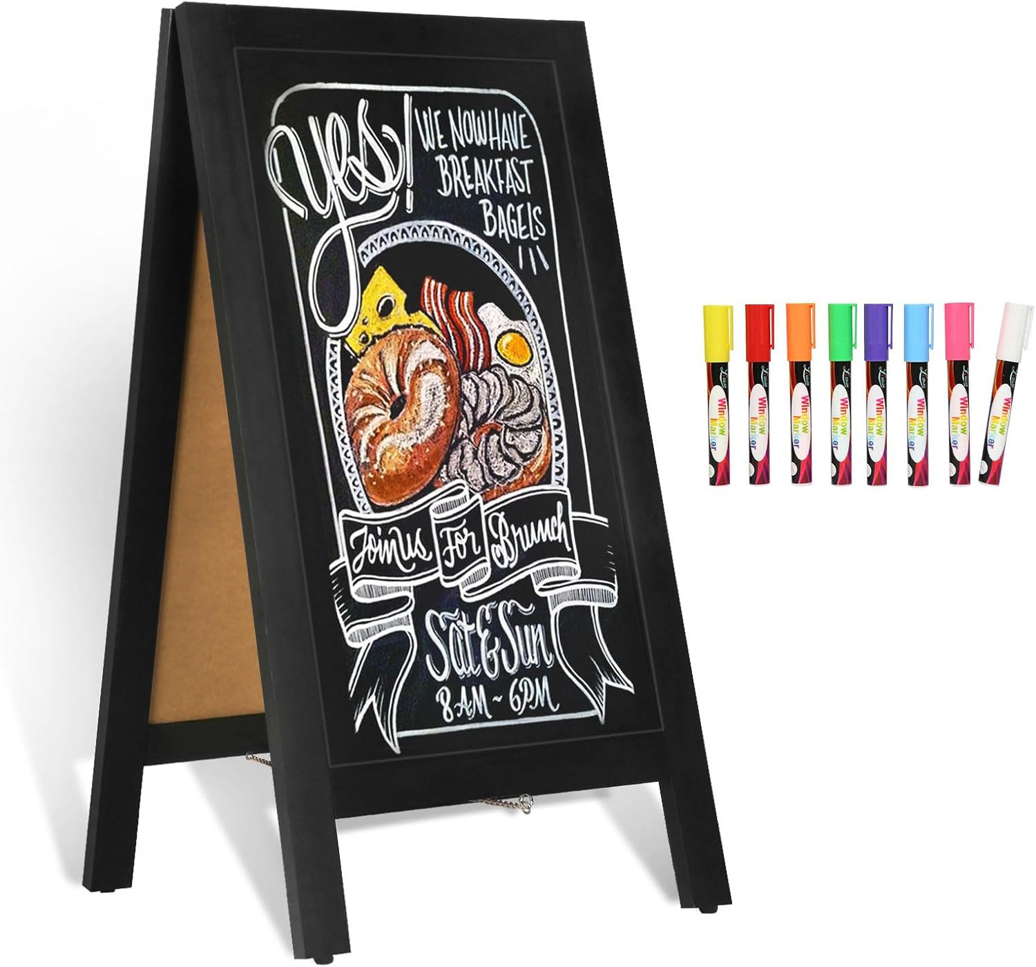 4 THOUGHT A-Frame Chalkboard, 40" x 20" Chalk Board Sign Board Magnetic Sandwich Board Double-Sided Pine Sidewalk Chalkboard Easel for Outdoor Cafe Shop Wedding Party Restaurant, Black