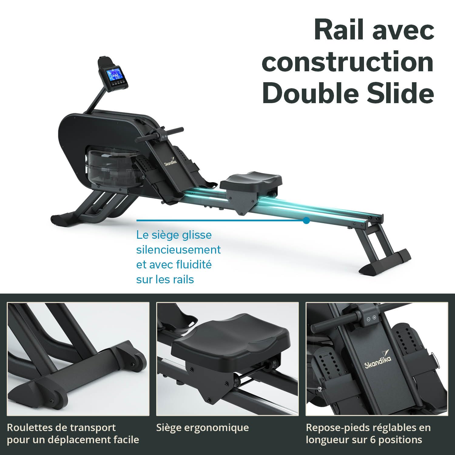 Skandika Rameur à Eau Nemo III | Rameur d'appartement avec résistance à l'eau, Compatible Kinomap, Bluetooth, Console LCD, Support Tablette, jusqu'à 150 kg | Rameur