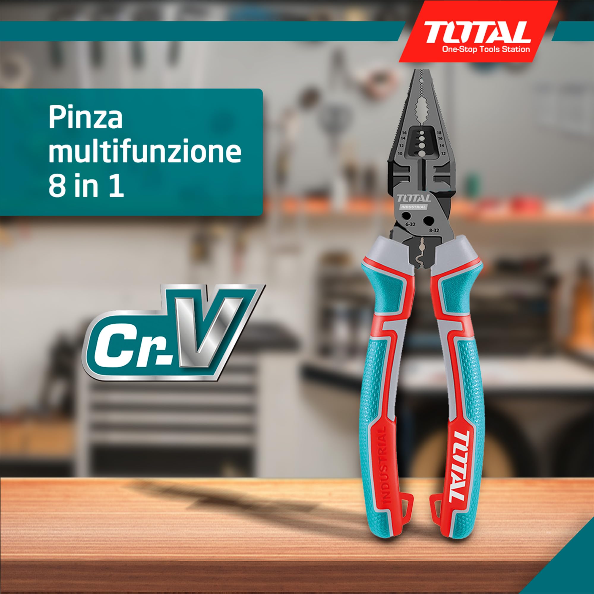 TOTAL - Pinza Multifunzionale 8 in 1 – 200 mm - Funzioni di Taglio, Sgrossatura, Fissaggio Chiodi - Acciaio Cr-V con Teflon - Manico Ergonomico Trimateriale - Forza Rinforzata