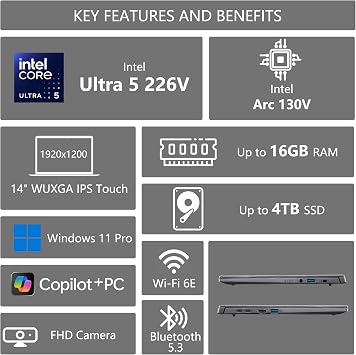 Acer Aspire 14 AI Portable Laptop | 14 WUXGA Matte Touch | Intel 8-core Ultra 5 226V (Up to 40 NPU Tops - Up to 53 GPU Tops) | 16GB DDR5 1TB SSD | Backlit Wi-Fi 6E Win11Pro w/DLCA Accessory
