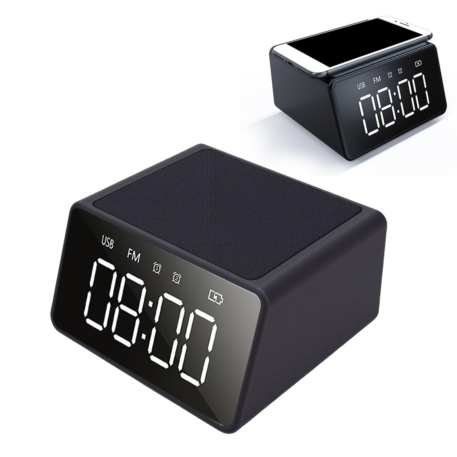 Jectse Sveglia Digitale Altoparlante, Caricabatterie Wireless da 10 W con Display LED da 5 Pollici Radio FM Microfono Integrato, per Comodino